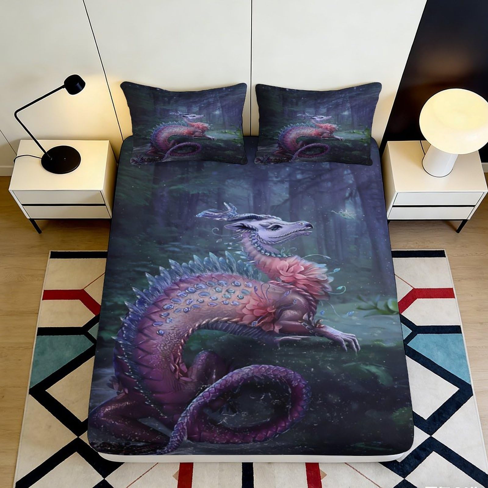 3D Printed Fantasy Dragon Fitted Sheet Microfiber Soft Breathable Mystic Forest Bed Cover for Bedroom Dorm Decor 90x200x25cm