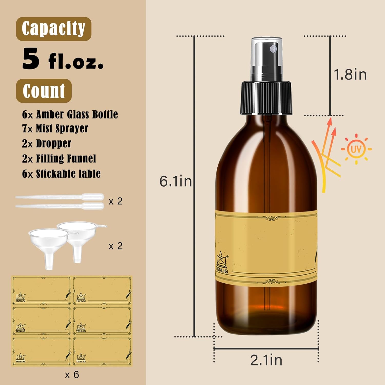 5oz Amber Glass Spray Bottles,6 Pack Small Refillable, for Essential Oils,Cleaning Solutions,Fine Mist for Hair,Facial Hydration,Aromatherapy,Plants,with Durable Nozzle,Labels,Pipettes,Funnels