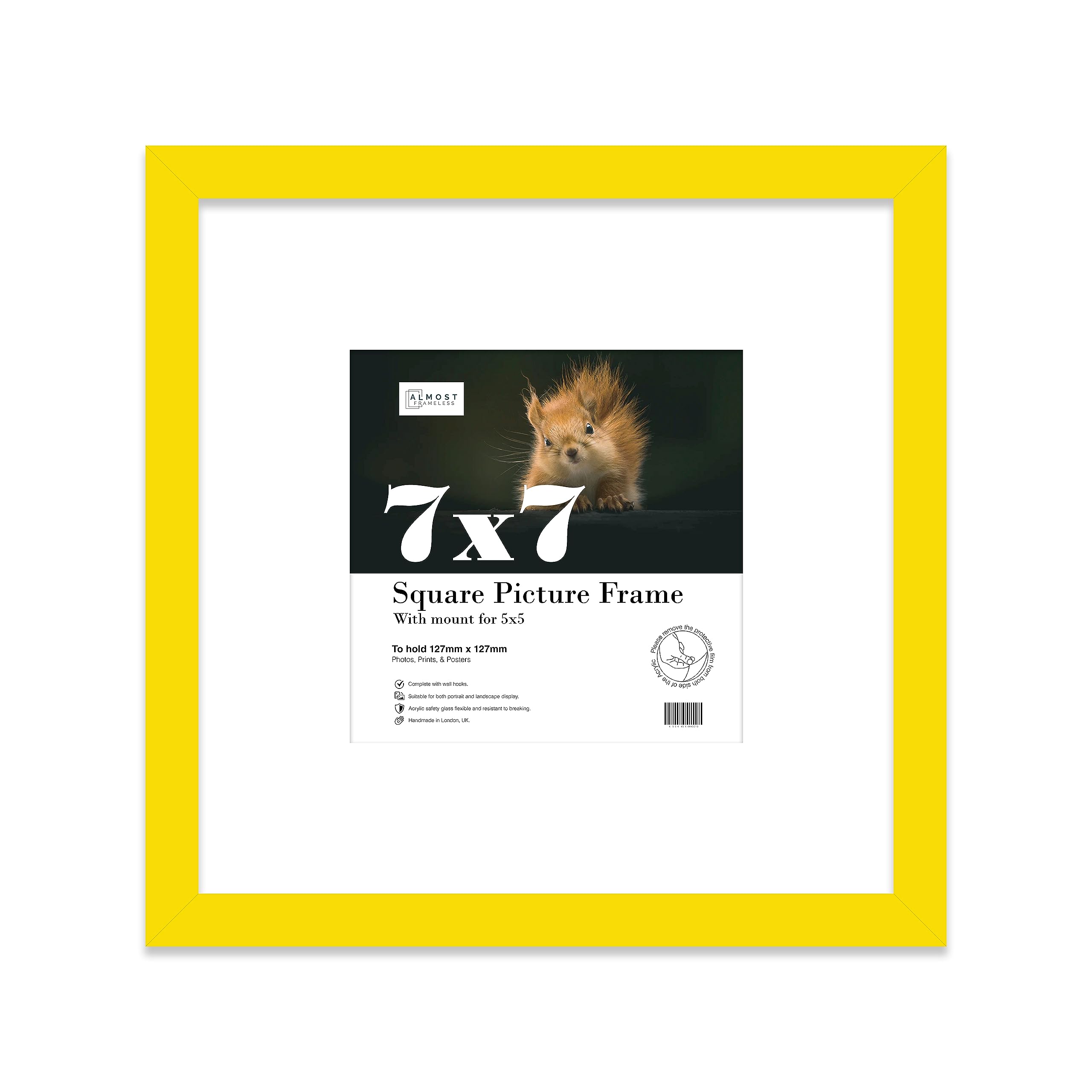 7x7 Yellow Picture Frame with Mount for 5x5 Photos, Prints - Modern Square Wall Frame, 1 Pack