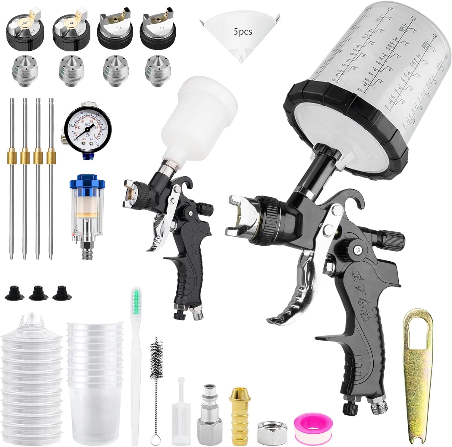 HVLP Air Spray Gun Kits, 2Pcs Spray Paint Guns, 0.8/1.0mm 125ml & 1.4/1.7mm 600ml Automotive Paint Gun Sprayer with Air Regulator for Car, Primer, Topcoat & Touch-Up, Furniture, House Painting (Black)