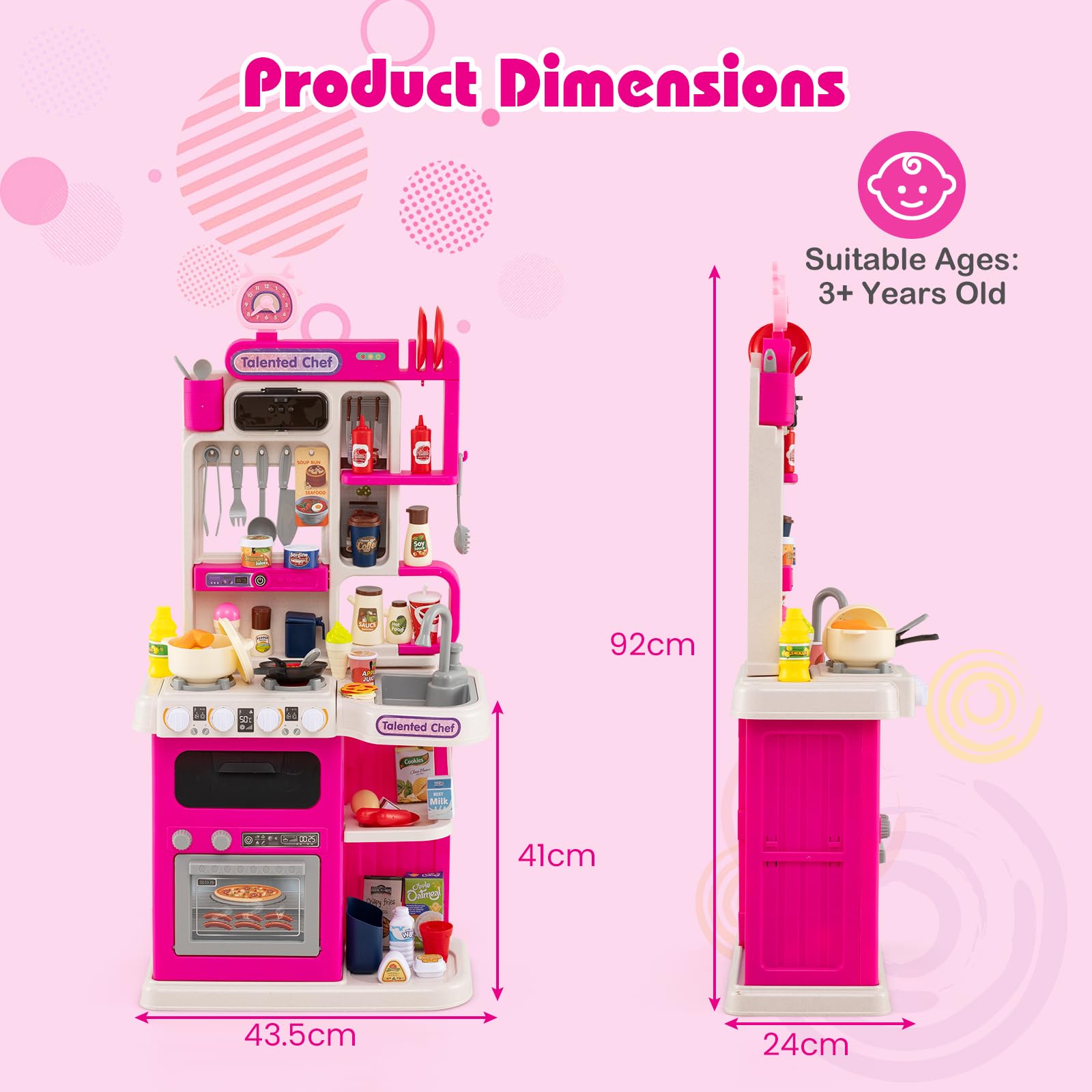 HOMASIS Set Cucina Giocattolo con 54 Pezzi, Gioco da Cucina con Luci e Suoni Realistici, Simulatore di Fornelli con Spruzzo e Lavello con Acqua Automatica, per Bambini dai 3+ Anni (Rosa)