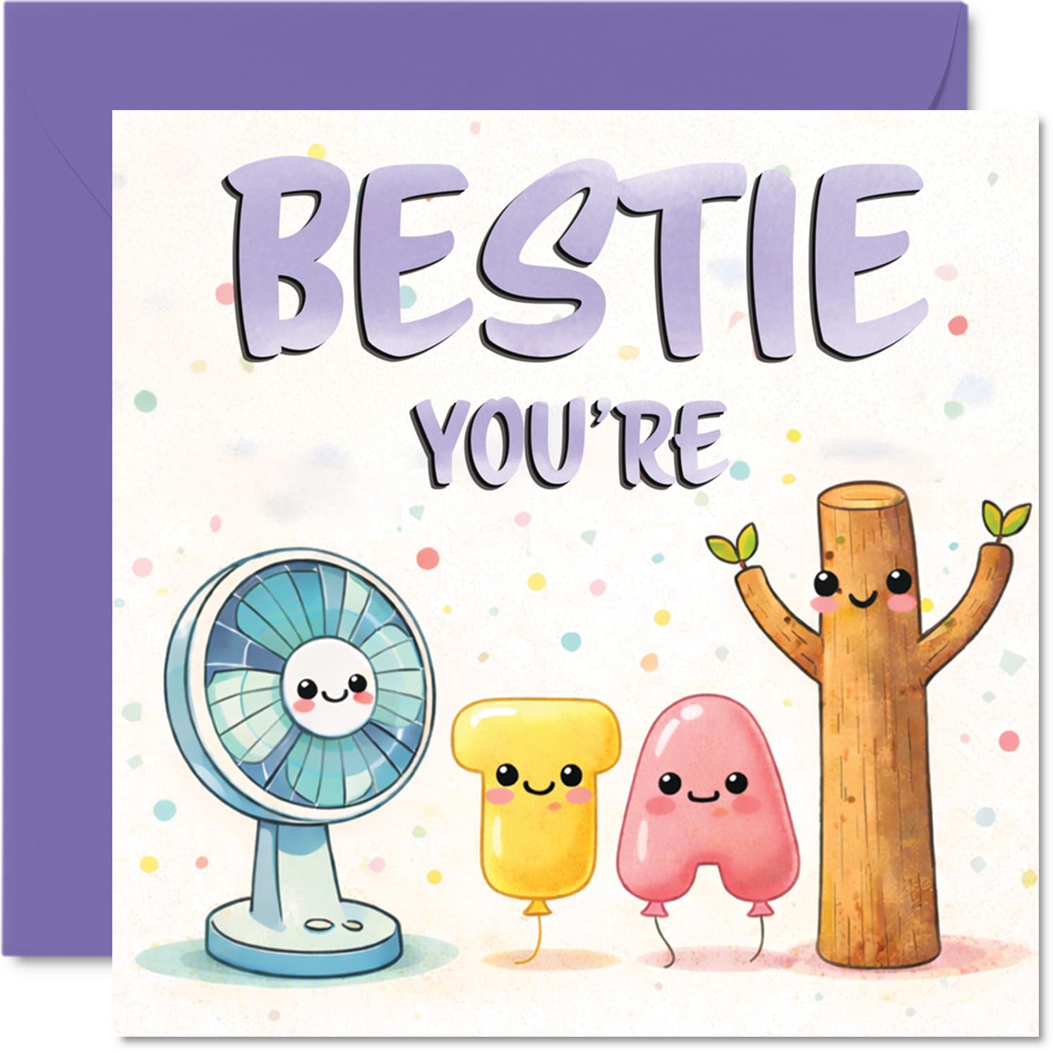 Playful Birthday Card for Bestie - Bursting with Bestie Vibes - Adorable Pastel Cartoon Characters in a Cheerful Scene - 145mm Square, Envelope Included