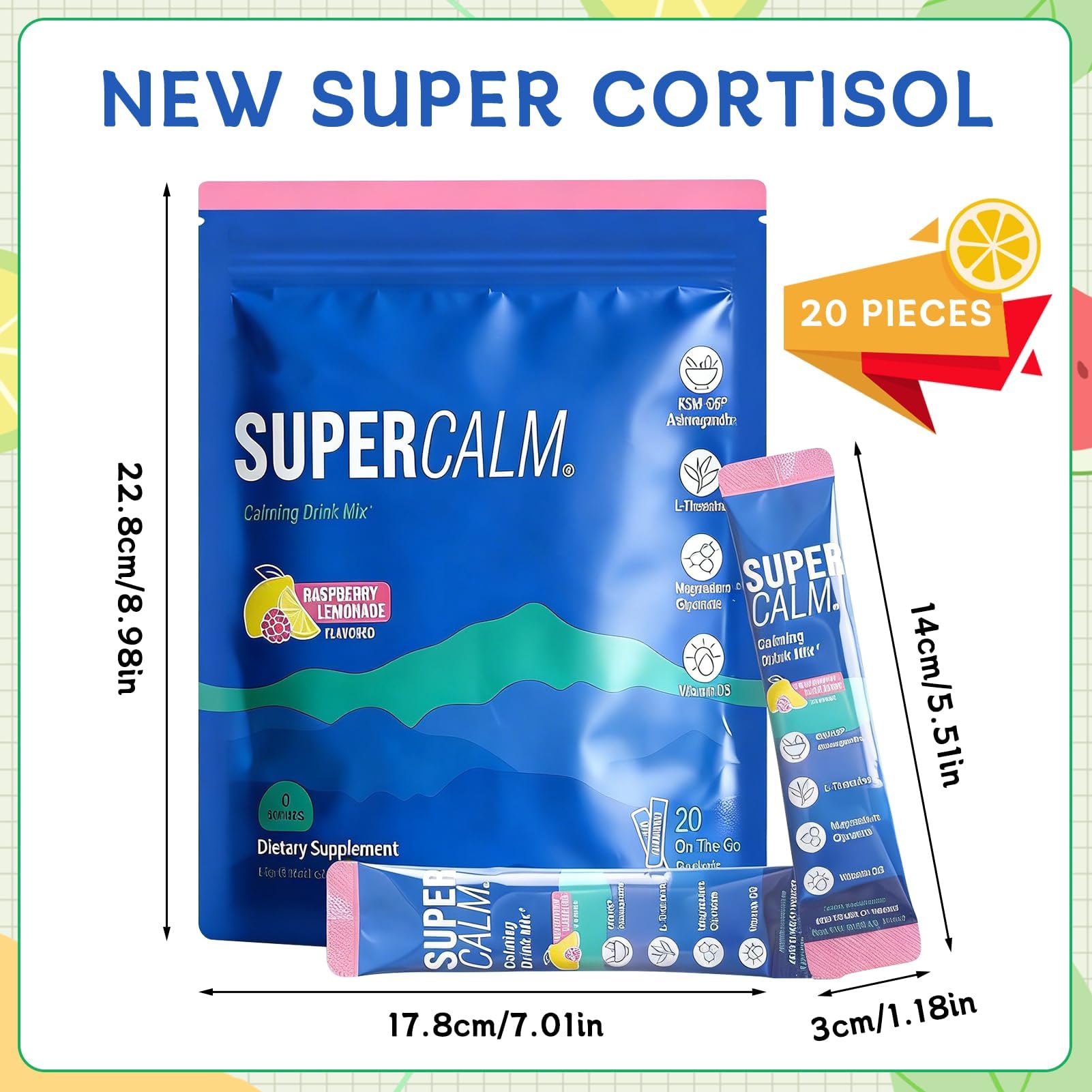 New Super Cortisol, Lot de 20 Supercalm Cortisol aura plus, Cortisol Super Calm, Poudres Naturelles de Cortisol, pour Relaxation et la Concentration, Pas de Sucre, unisexe (2 pcs)
