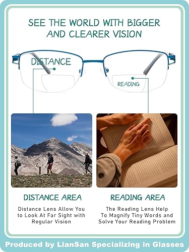 Miniatura 3 de LianSan Anteojos de lectura bifocales de metal para mujer, elegante medio borde cero parte superior, bloqueo de luz azul, lector de computadora