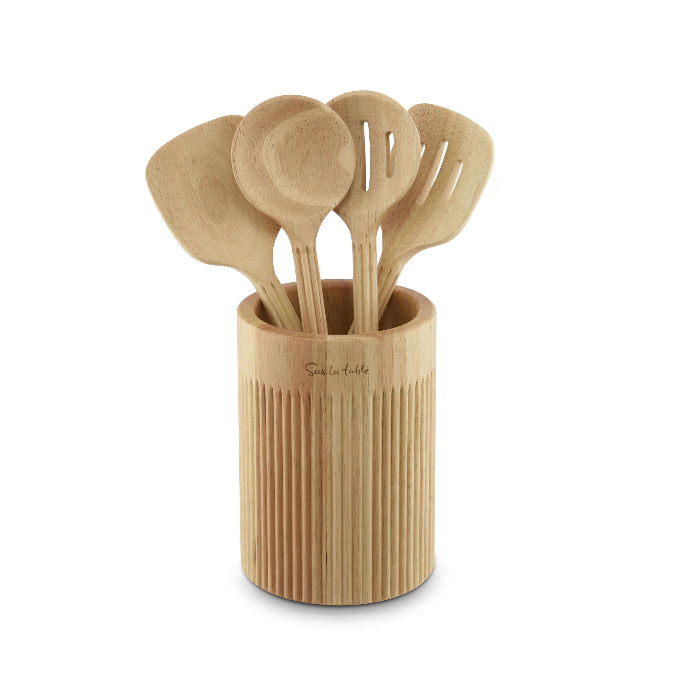 Sur La Table Set of 4 Wooden Utensils with Holder, Solid Turner/Solid Spoon/Slotted Turner/Slotted Spoon, Easy to Clean, Made from Hevea Wood with FSC Certified Materials SLT847091