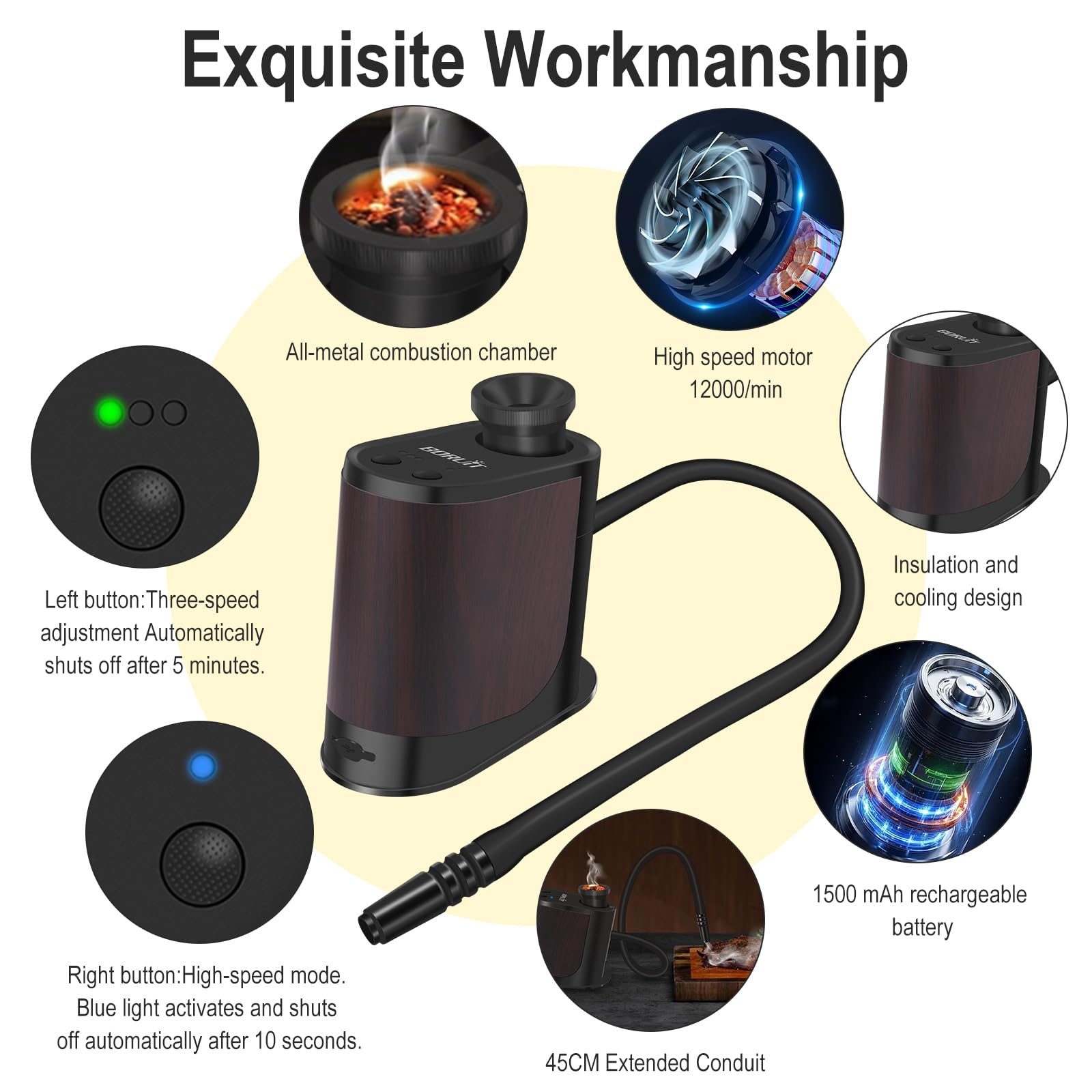 BORUIT Kit per affumicatore per cocktail, ricaricabile, regolabile, con 3 impostazioni, spegnimento automatico e 4 sapori, trucioli di legno con kit vecchio stile affumicato, regalo per uomini, papà