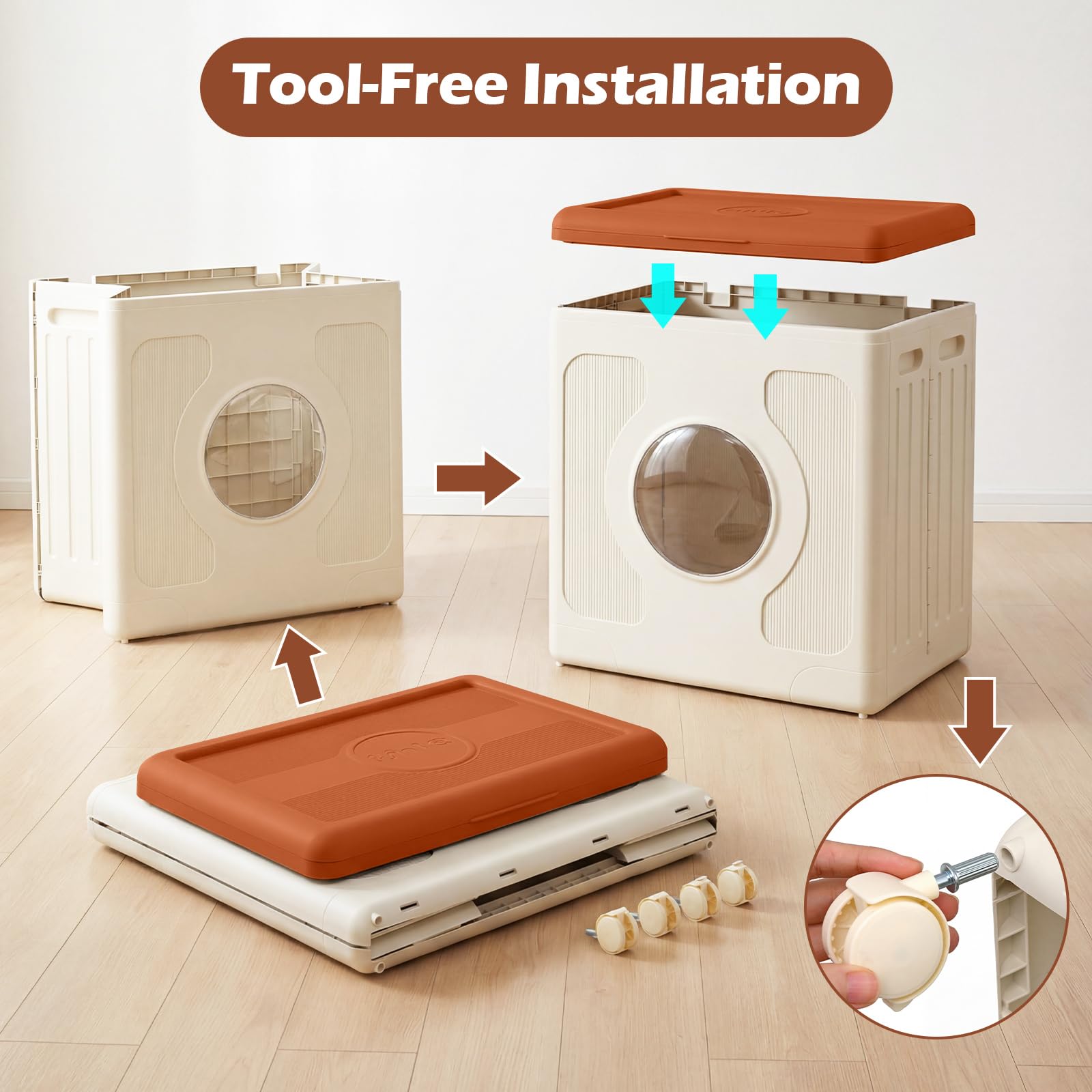 GIANTEX Caja de Almacenamiento 122 L con Ruedas Extraíbles, Contenedor de Plástico Plegable con Ventana Transparente, Tapa y Asas, Organizador Móvil para Lavandero, Dormitorio (Marrón)