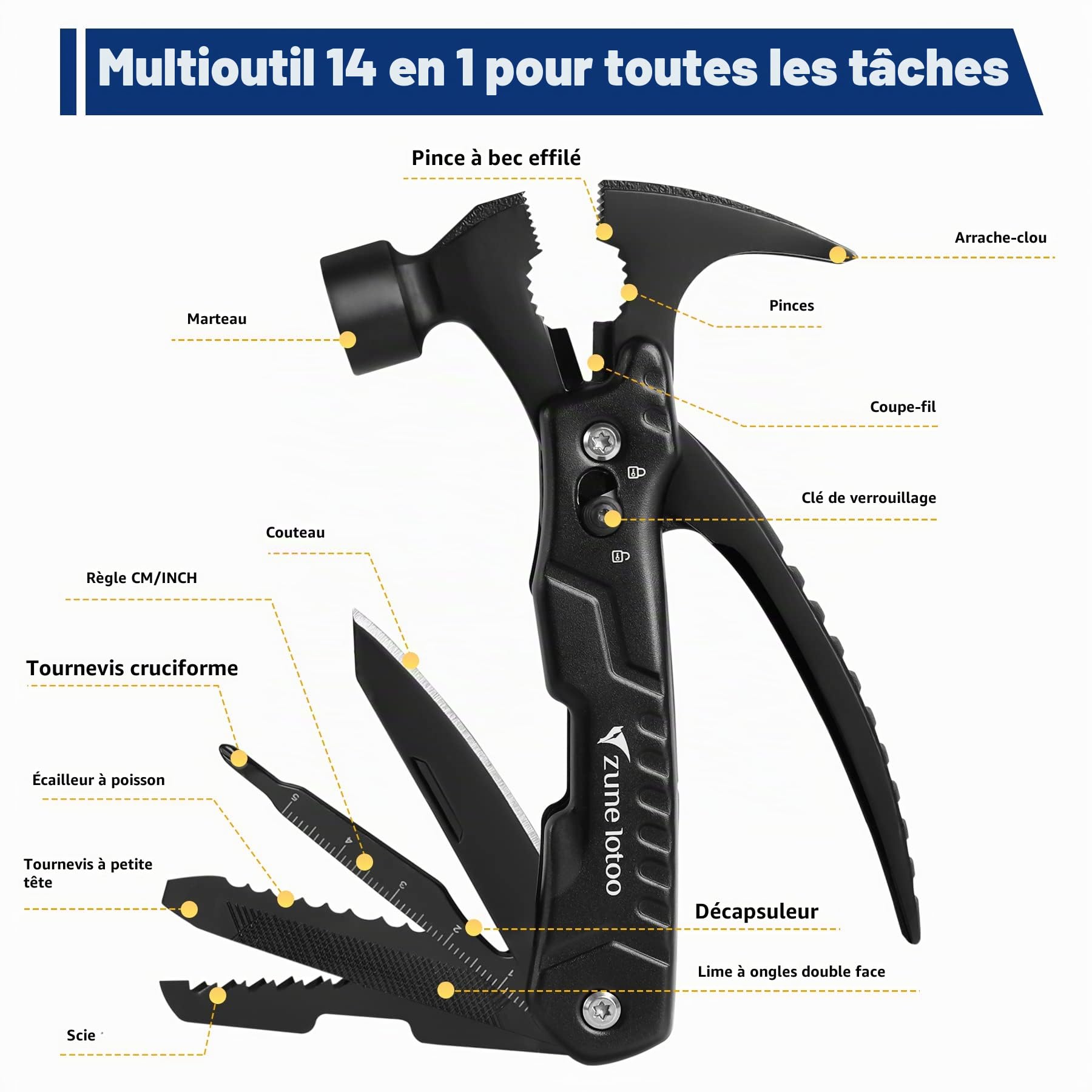 Zune Lotoo Marteau Multifonction, 14 en 1 Portable Compact Multi Usage Outils en Acier Inoxydable avec Marteau Pince Tournevis, Cadeaux pour Hommes Papa Noël Anniversaire (Noir)