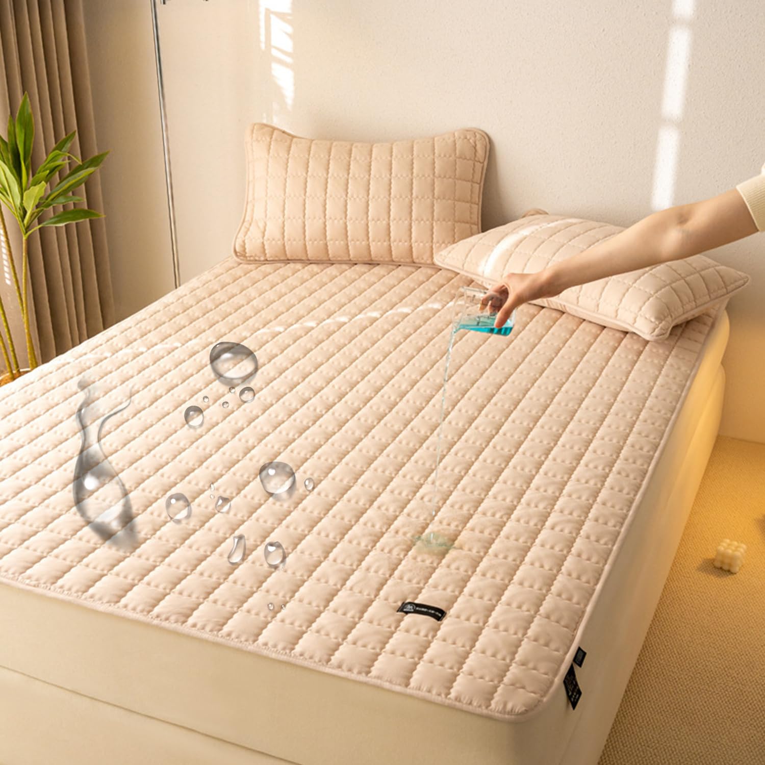 LDLCYCN ,A/coffee,150 * 200cm/QUEEN, Waterproof Mattress Pad Cover with Corner Strap Quilted Mattress Protector