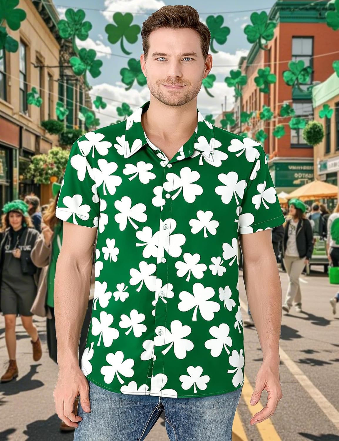 LINOCOUTON Men's St Patrick's Day Shamrock Printed Button Down Shirt - Image 4