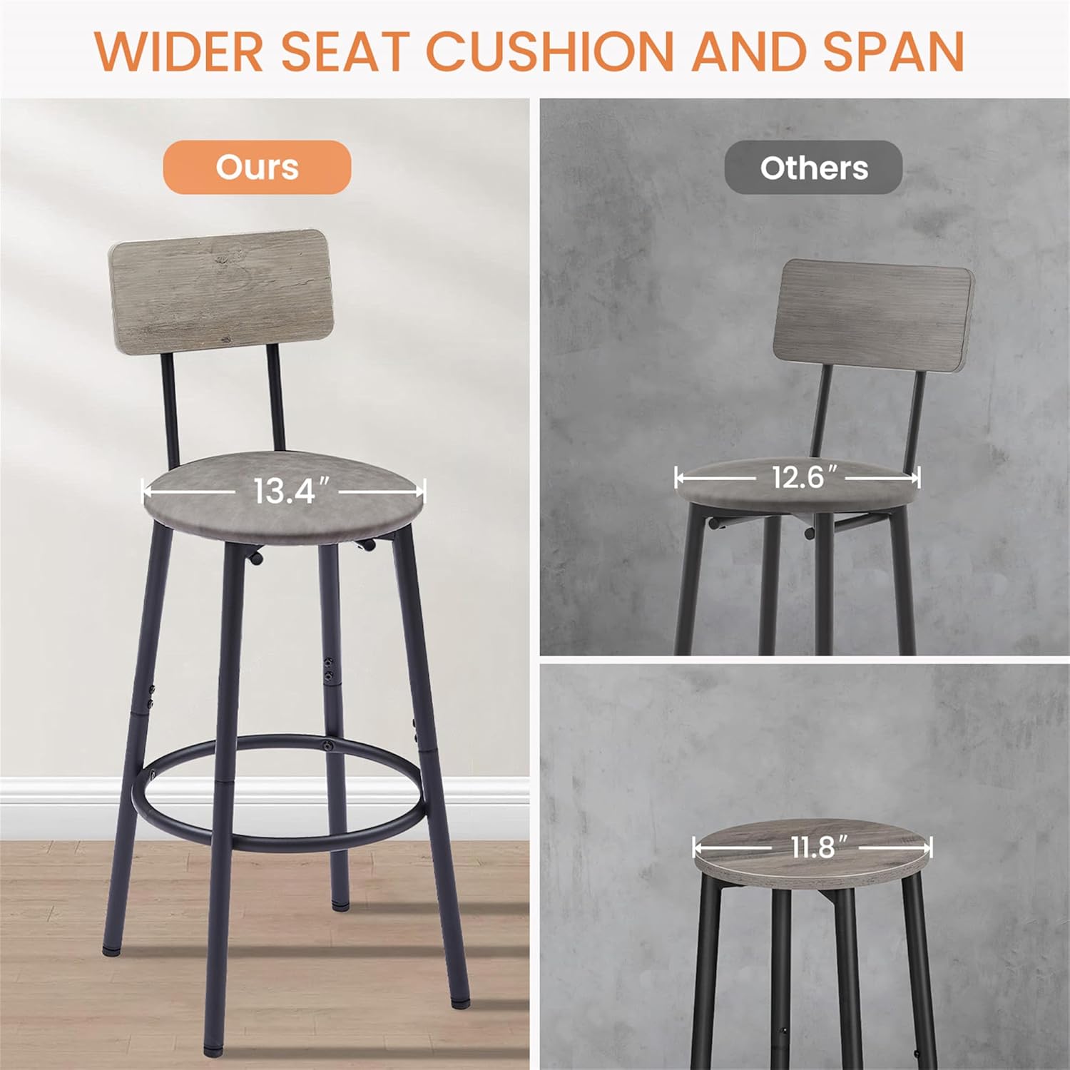 Square Bar Table Set with 2 High Back PU Stools, Industrial Pub Table Counter with 2 Chairs for Bar, Dining Room, Living Room, Party Room (Grey)