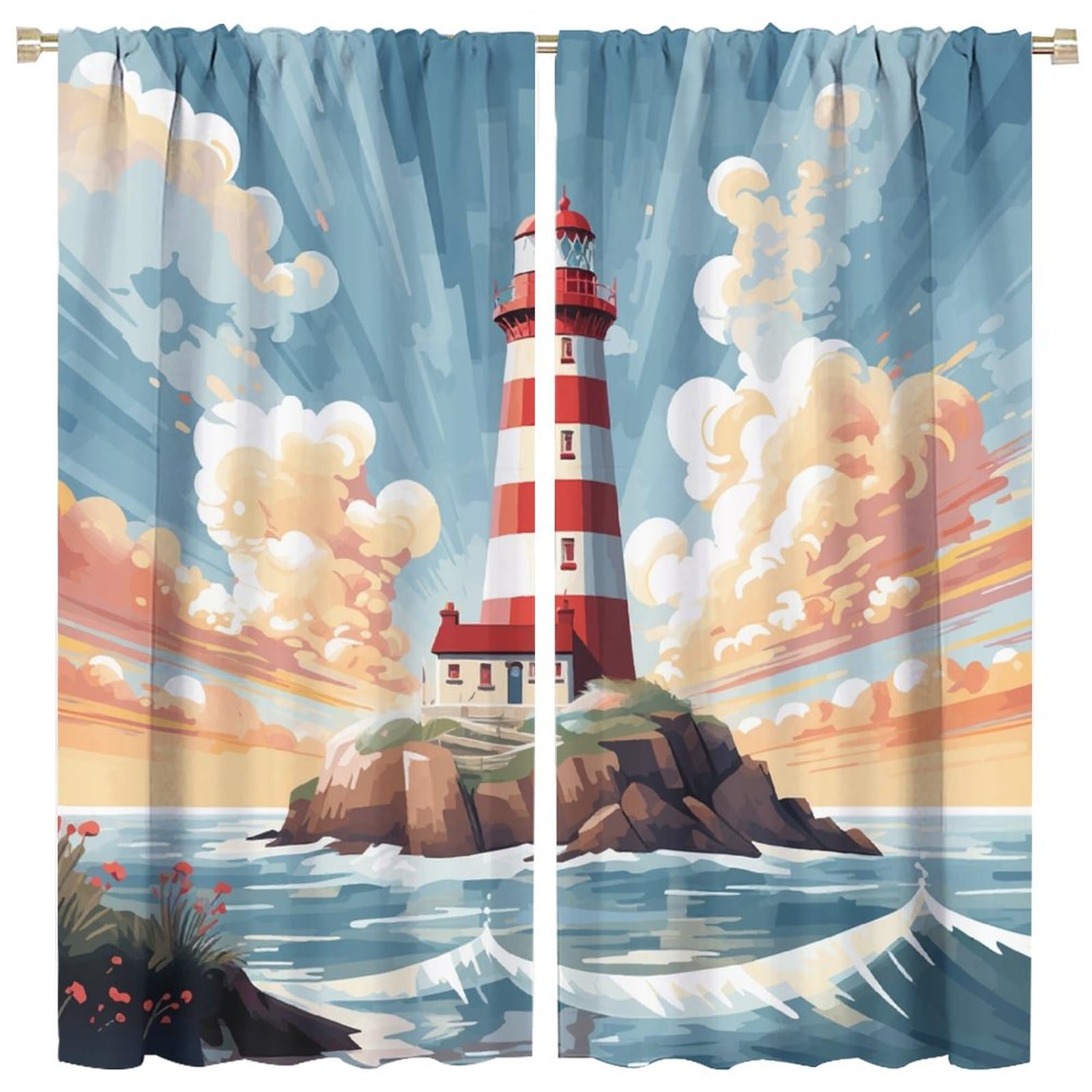 Lighthouse Curtain White Clouds Blue Sea Wave Lighthouse Blackout Print Rod Pocket Window Drapes for Bedroom Living Room 84x84in