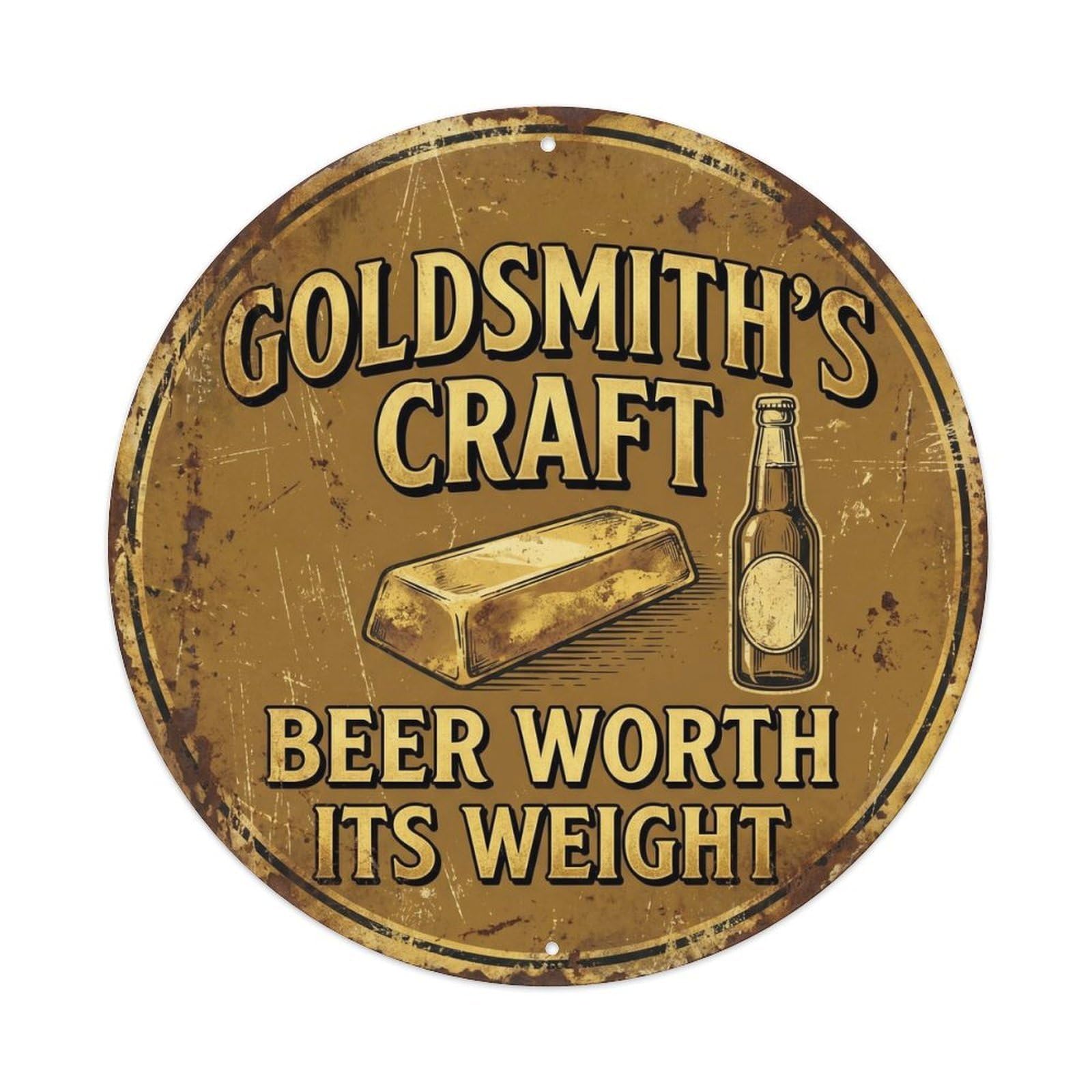 Retro Bar Style Goldsmith Refined Garage Beer Metal Tin Sign Plaque Wall Decor for Cafe, Club, Garden Round Metal Poster 8x8Inch