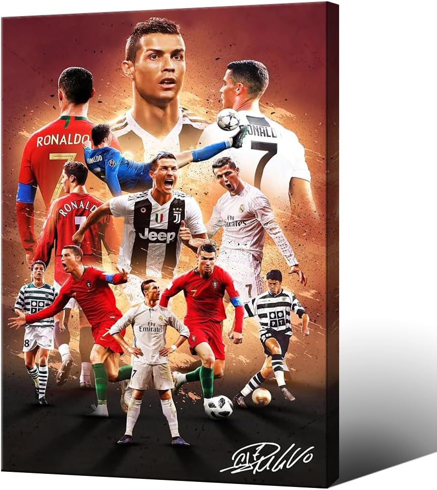 Framed Soccer Superstar Cristiano Ronaldo Signed Poster For Kids Fans Room Bedroom Wall Decor-Sports Star Posters Canvas Art Print Picture For Teen Boy Birthday Gifts