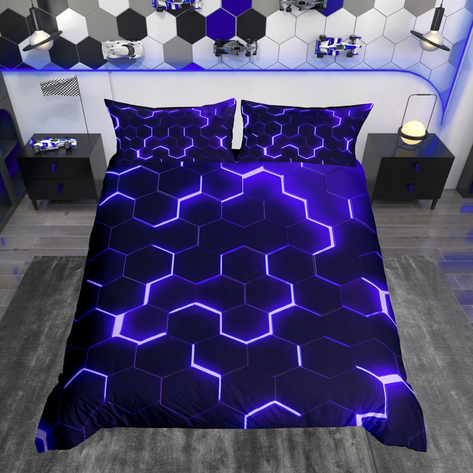 Homewish Kids Geometric Duvet Cover Super King for Boys, Navy Blue Black Honeycomb Bedding Set for Teen Young Man, Reversible Black Duvet Cover, Hexagon Beehive Bed Sets Modern Room Decor