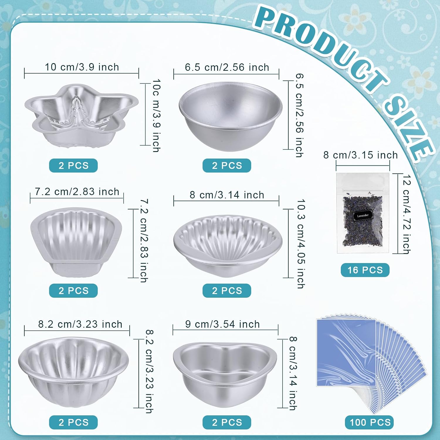 Bokon Bath Bomb Mold and Dried Flower Set Including 12 Pcs Metal Bath Bomb Molds 16 Bags Dried Flowers 100 Pcs Shrink Wrap Bags for DIY Soap Gifts Making Supplies