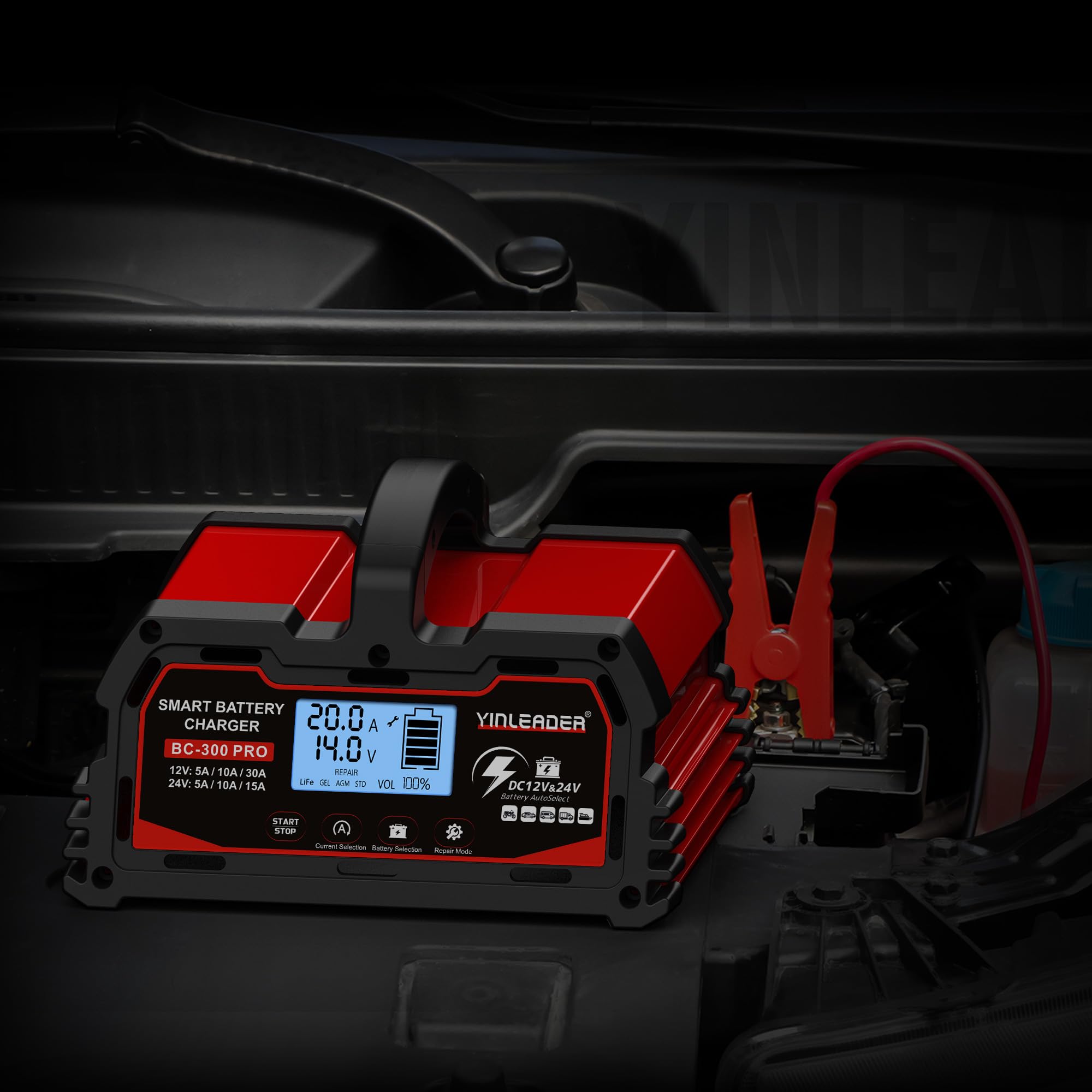 Yinleader Cargador de batería de Coche 30 A 12 V/24 V Cargador de batería para Coche Totalmente automático Inteligente con Pantalla LCD