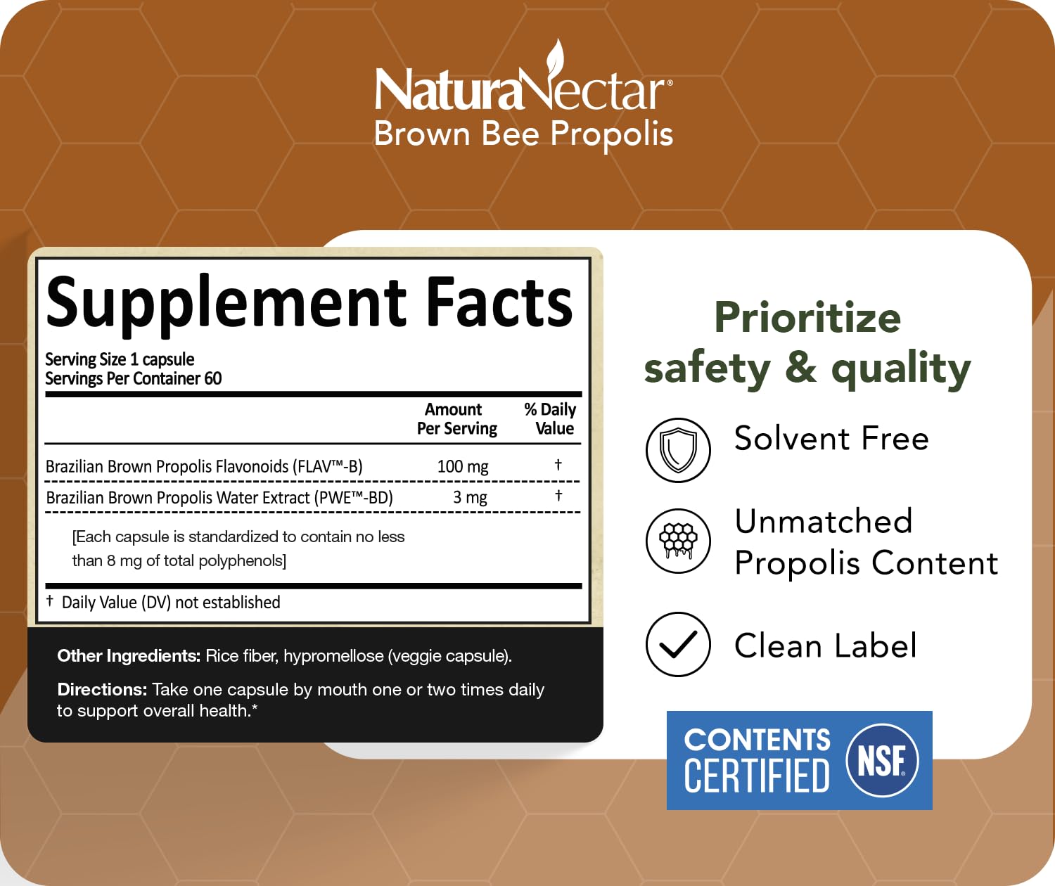 NaturaNectar - Brown Bee Propolis - NSF Contents Certified - Premium Brazilian Propolis - Gluten-Free Supplement with Flavonoids, FLAV-B and PWE - Naturally Sourced Through Ethical Beekeeping (60pcs.) — Amazon image 4