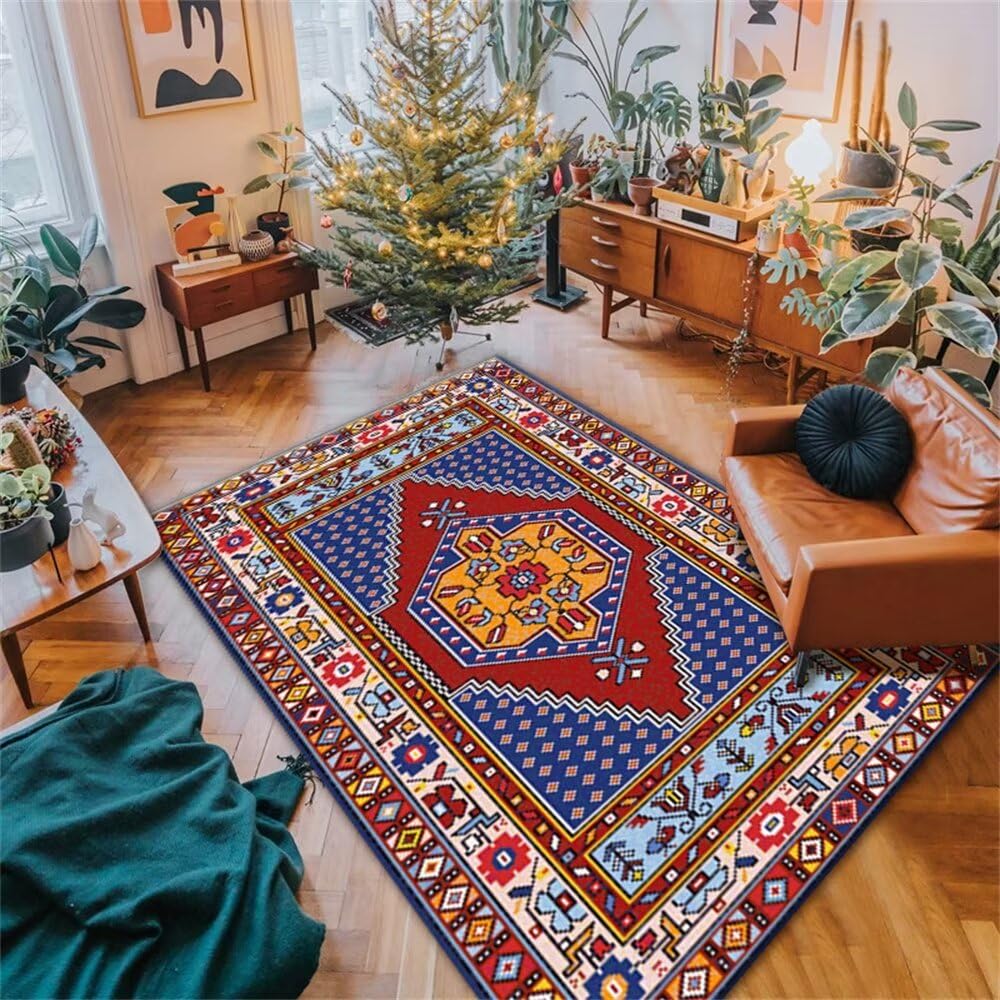 Alfombra infantil azul y roja de 120x160cm con diseño geométrico para habitación juvenil