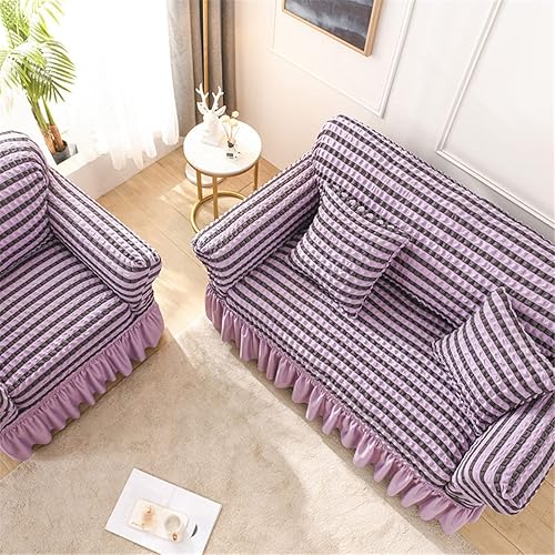 Miniatura 5 de Funda elástica para sofá, funda protectora de muebles lavable, con parte inferior elástica y falda para niños y mascotas (morado a rayas,