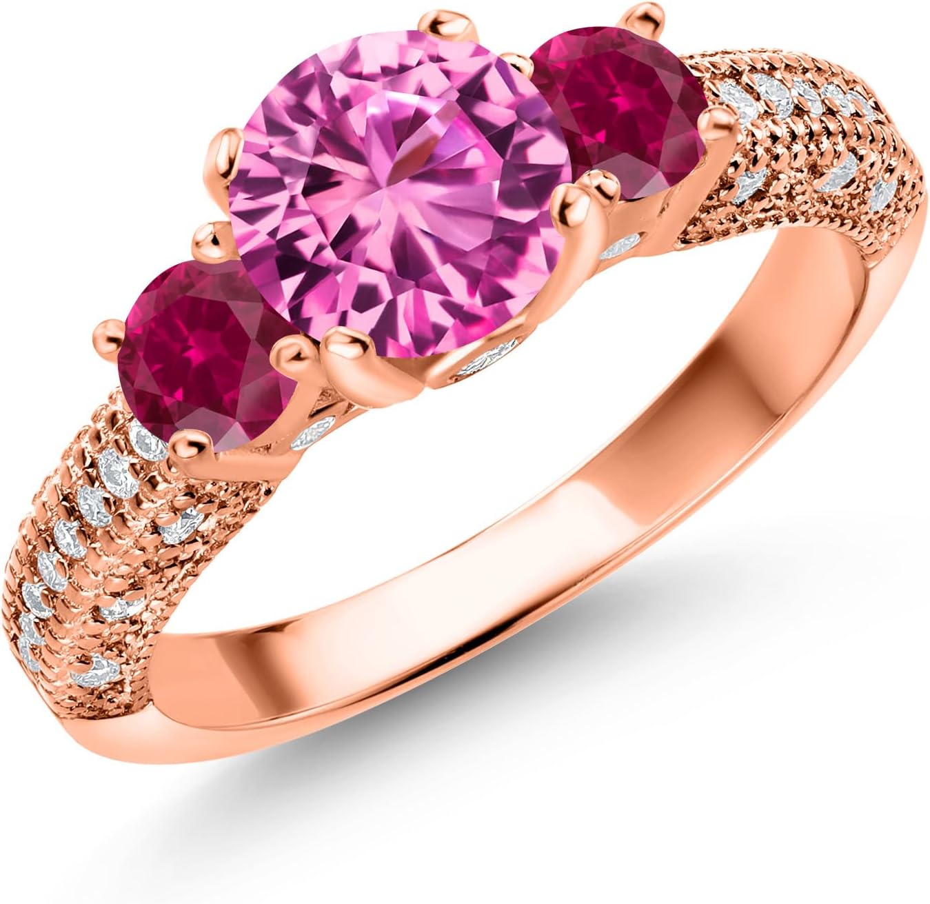 Gem Stone King 18K Rose Gold Plated Silver Pink Created Sapphire Red Created Ruby and White Moissanite Engagement Ring For Women (2.24 Cttw, Gemstone September Birthstone, Round 7MM and 4MM)
