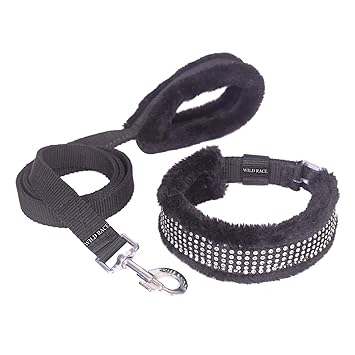 WILD RACE Soft Fur and Nylon Collar and Leash Combo Pack for Medium Breed Dogs (Black)
