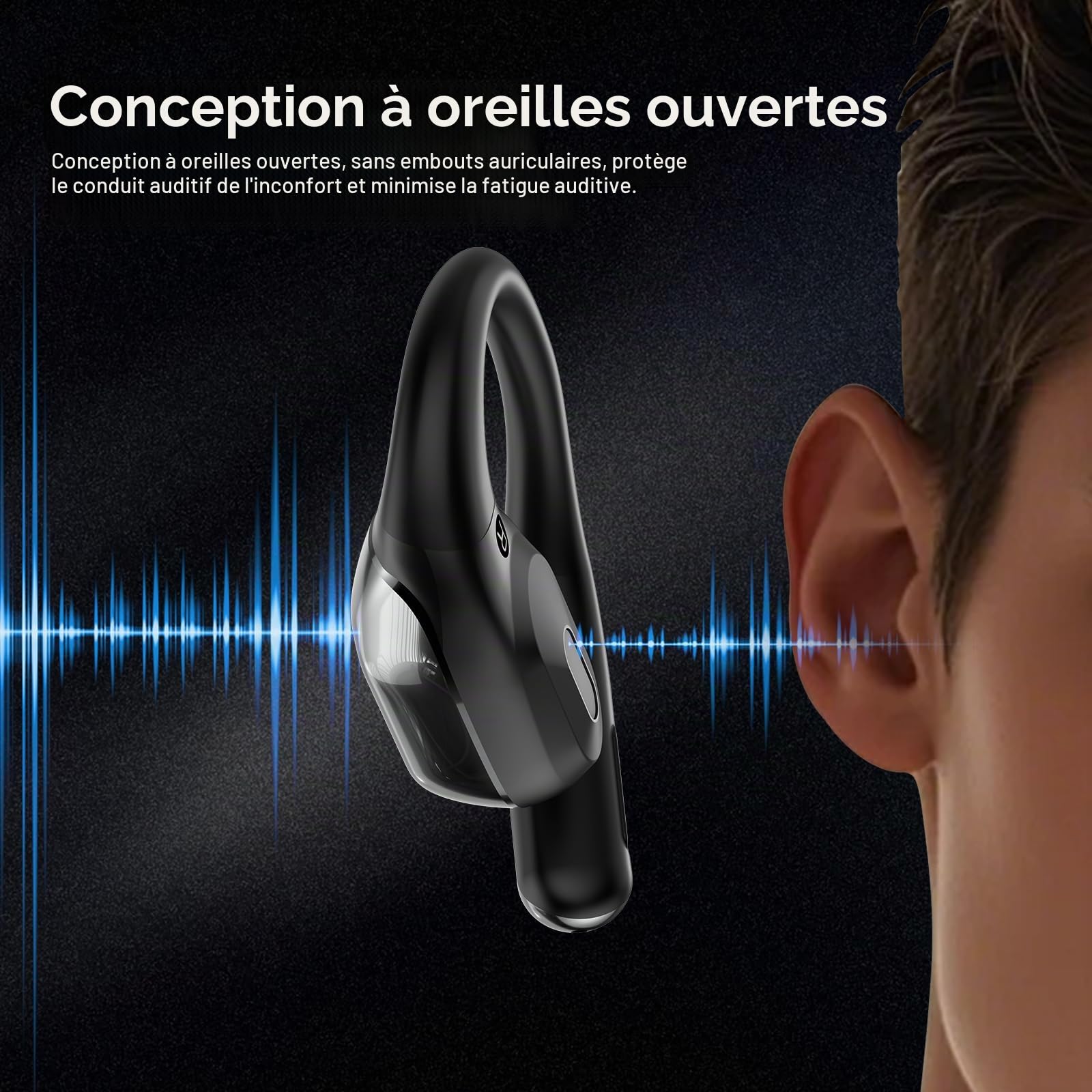 2026 Bluetooth 6.0 Open Ear Ecouteurs sans Fil Sport avec Zone de Tapotement Élargie et Crochet d'oreille Air, 60H Écouteurs sans Fil avec ENC Mic, IP7 Oreillette pour Course/Fitness/Cyclisme