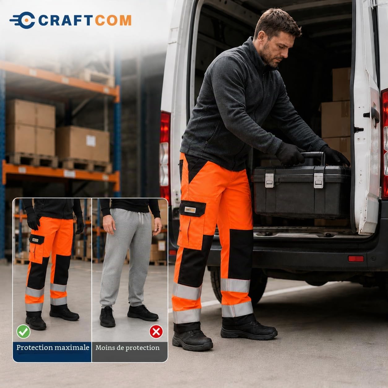 Generisch CraftGear Pantalon de travail pour homme - Pantalons de travail renforcés en Cordura orange avec protection des genoux réfléchissante et poches cargo pour artisans, pantalon de signalisation