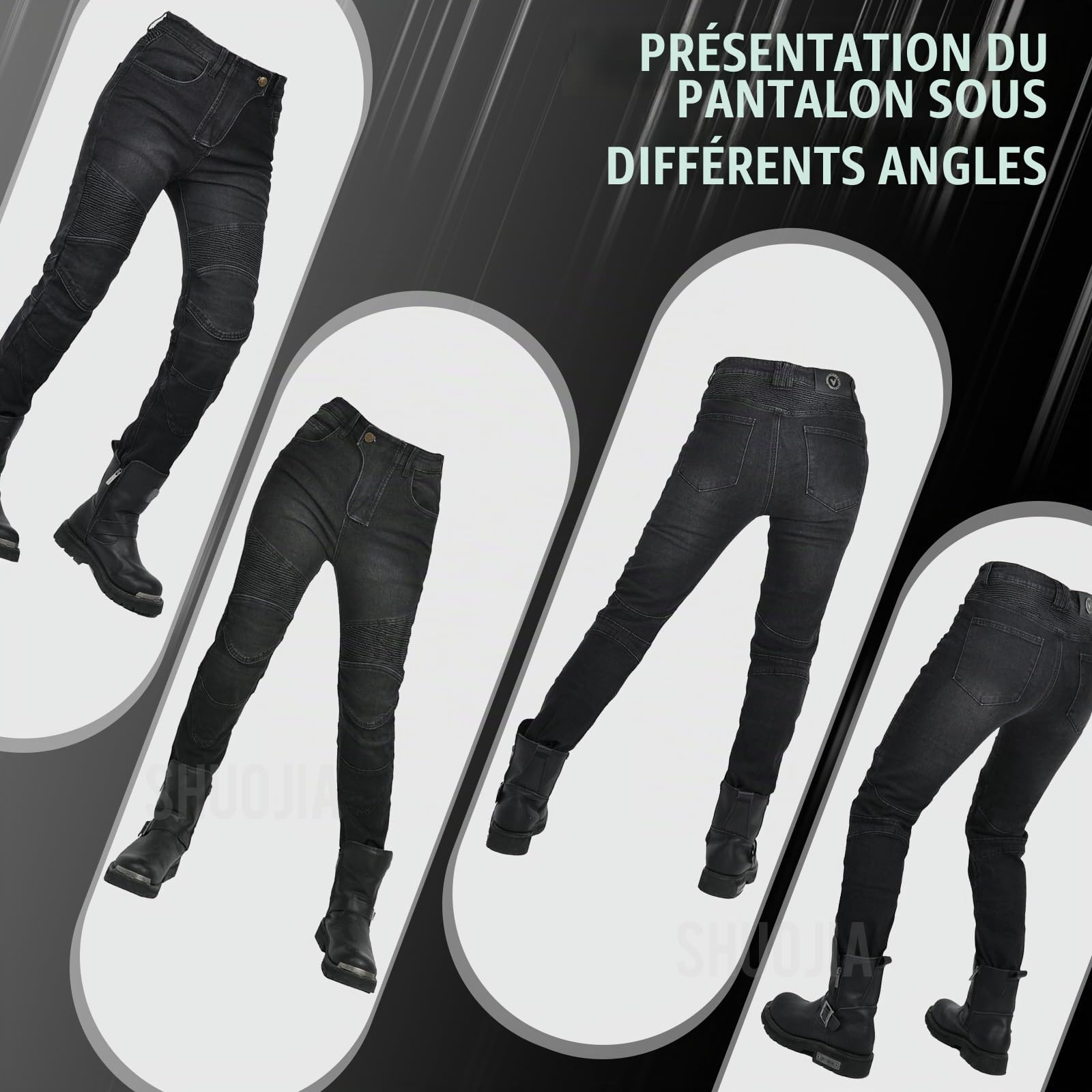Femme Pantalon Moto,Jeans de moto élastiques, pantalons de motard respirants, Jean de Motard Coupe Slim pour Femmes avec Protections des Genoux Et des Hanches (Black,L)
