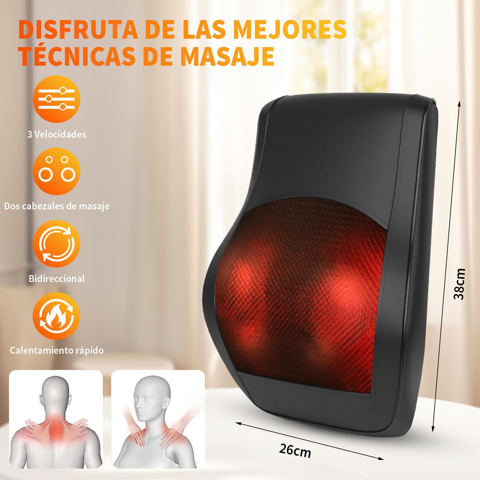 Masajeador de cuello con calor y vibración, masajeador de espalda con 3 niveles de calor y 3 intensidades, masajeador Shiatsu para oficina, hogar y coche, para alivio del dolor específico 38 x