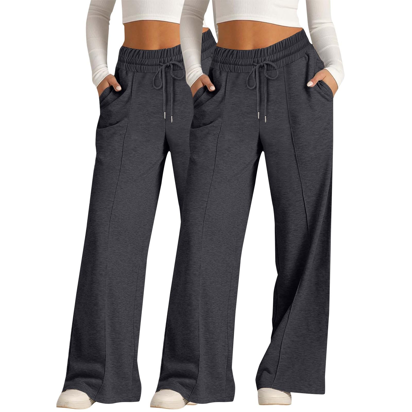 Pack de 2 pantalones deportivos largos con bolsillos para mujer, pantalones de chándal holgados de cintura alta, pantalones de pierna ancha, con cordón, cintura elástica, pantalones de chándal para