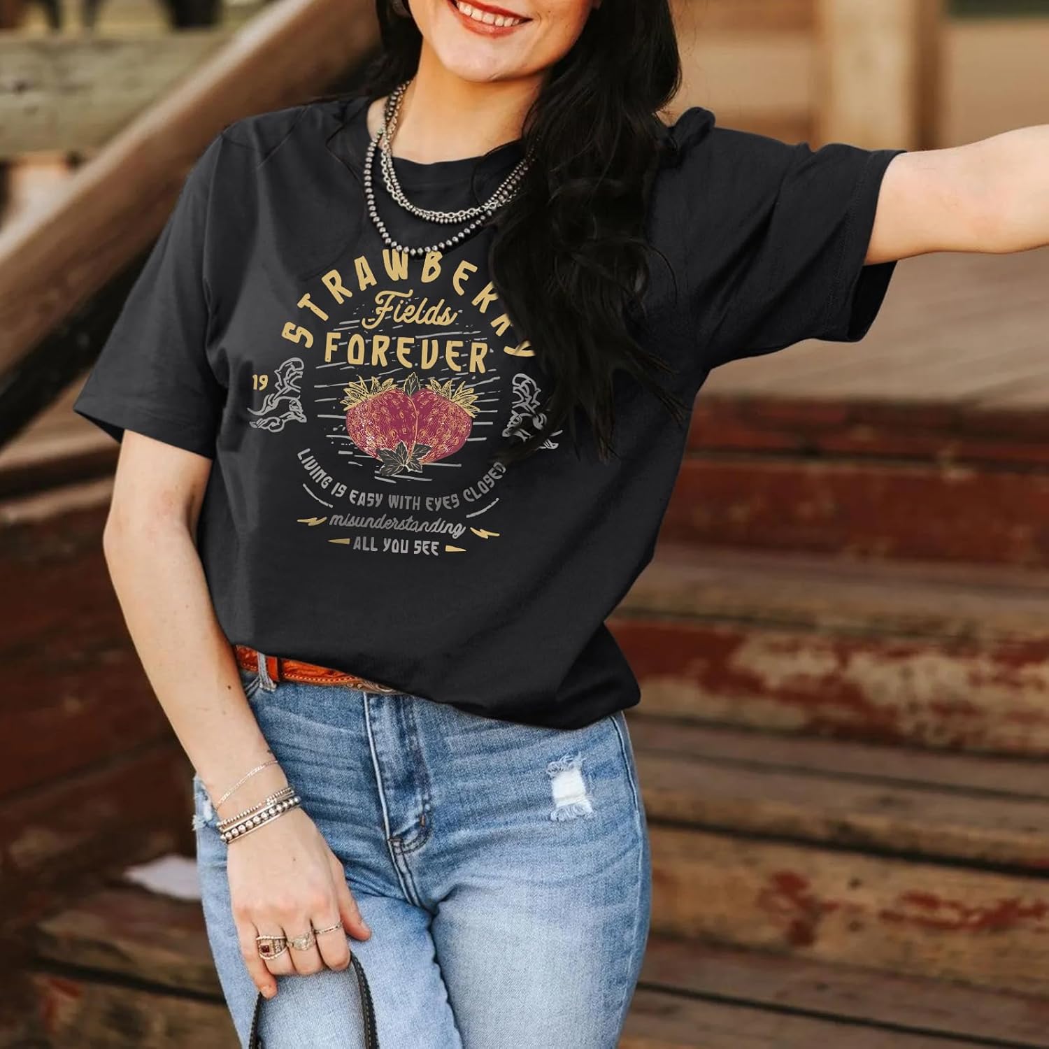 KIEKIECOO Rock Band T Shirts for Women Rock and Roll Country Music Shirts Vintage Strawberry Graphic Tees Concert Outfits - Image 3