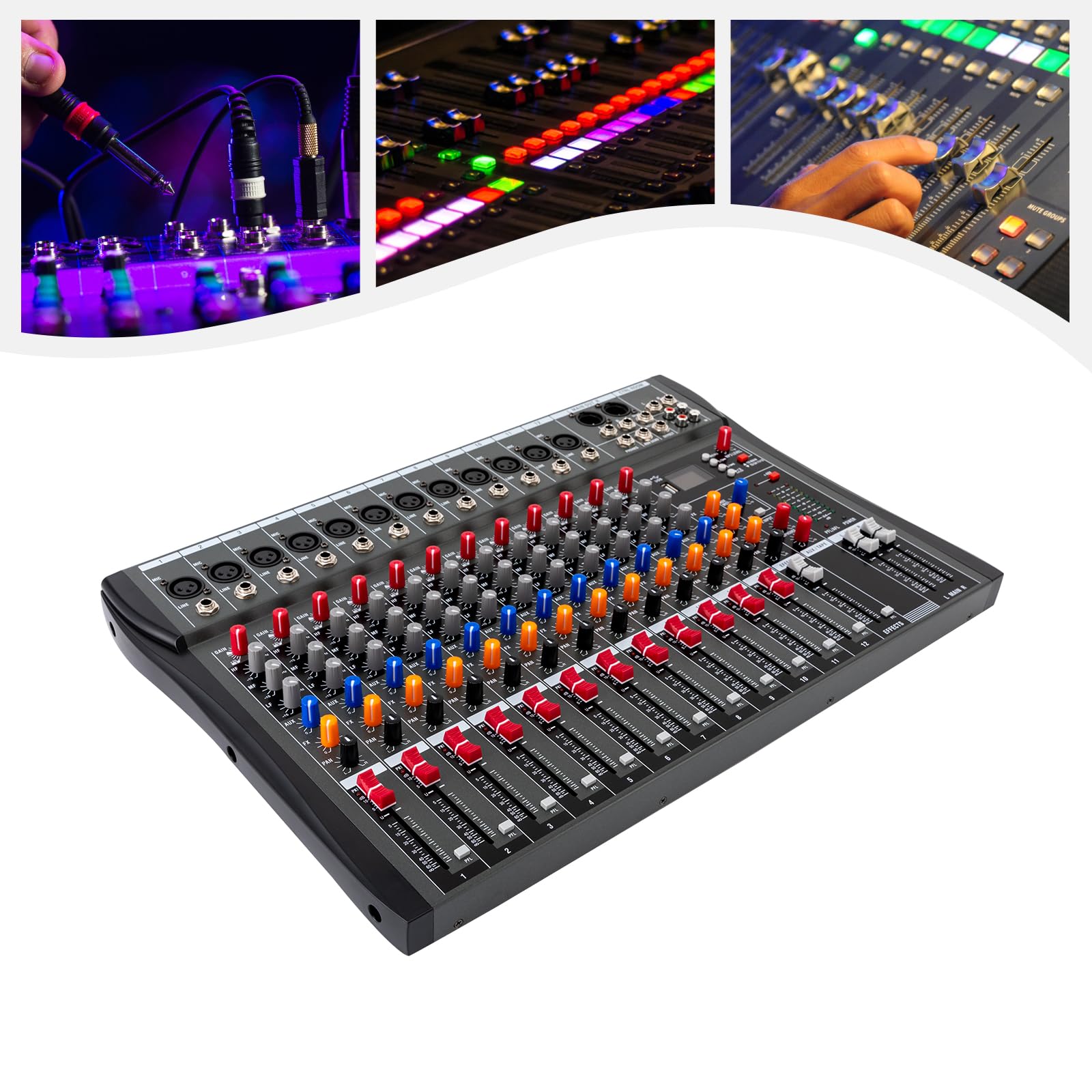 Mezclador de audio profesional de 12 canales, consola estéreo USB Bluetooth, pantalla LCD para grabación, DJ, escenario, karaoke, transmisión en vivo, 48 V Phantom Power
