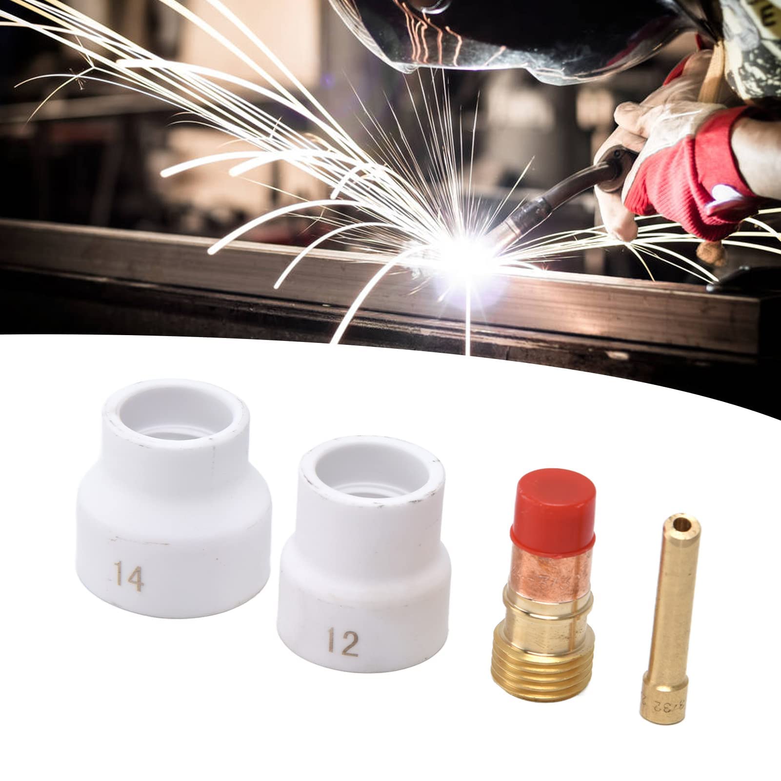 4 Pièces Kit de Lentilles à Gaz Buse en Céramique Blanche Connecteur de Porte-électrode à Biseau Court Accessoires de Soudage TIG pour WP 17 18 26