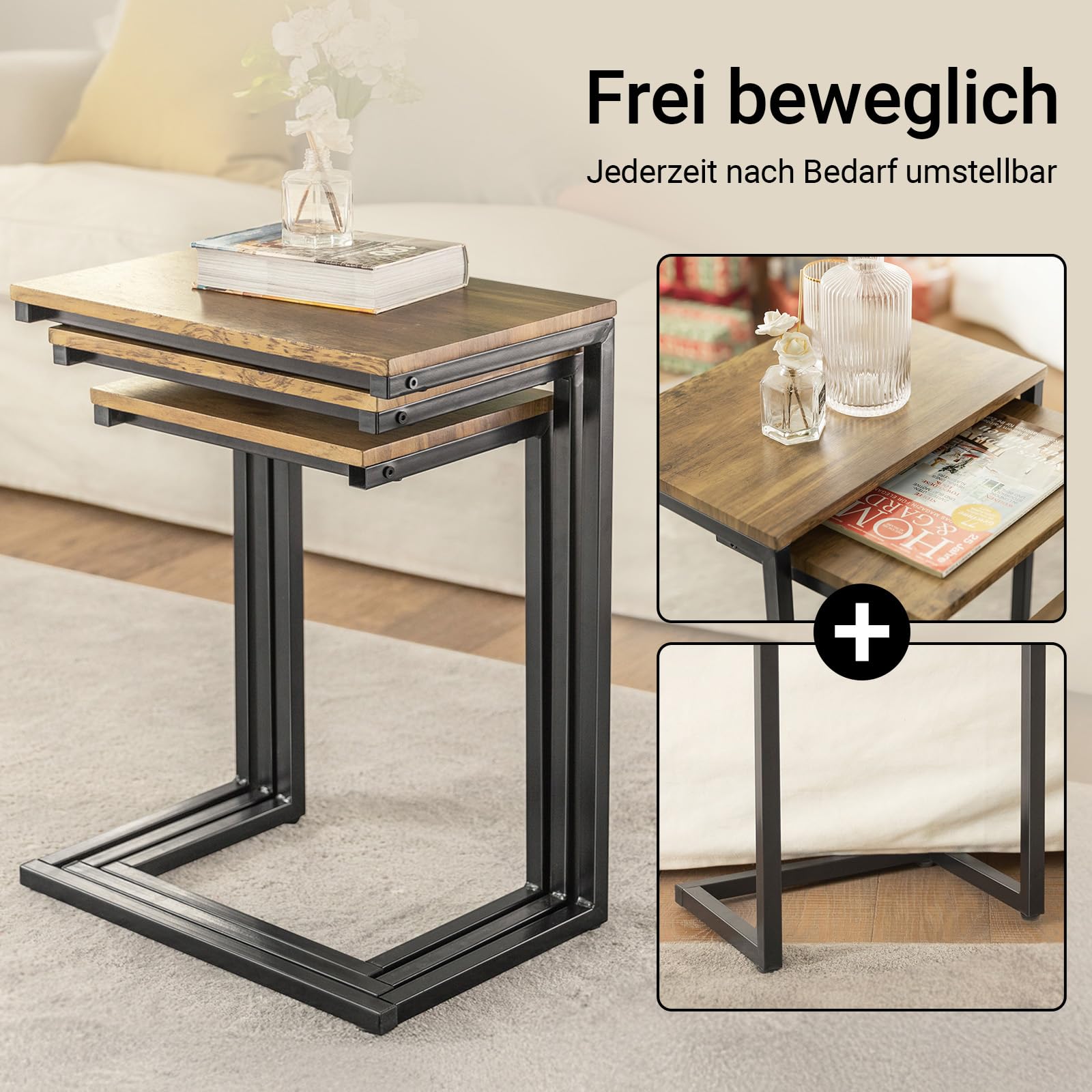 SoBuy 3er-Set Beistelltisch platzsparend, Natur & Schwarz | Moderne Couchtische für Wohnzimmer, ineinander stellbares Design, vielseitig, FBT102-F