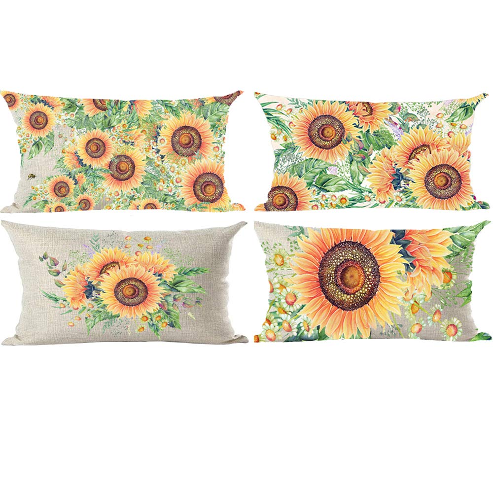ramirar Set Of 4 Watercolor Colorful Orange Sunflower Flower Summer Green Leaves Decorative Lumbar Throw Pillow Cover Case Cushion Home Living Room Bed Sofa Car Cotton Linen Rectangular 12 x 20 Inches
