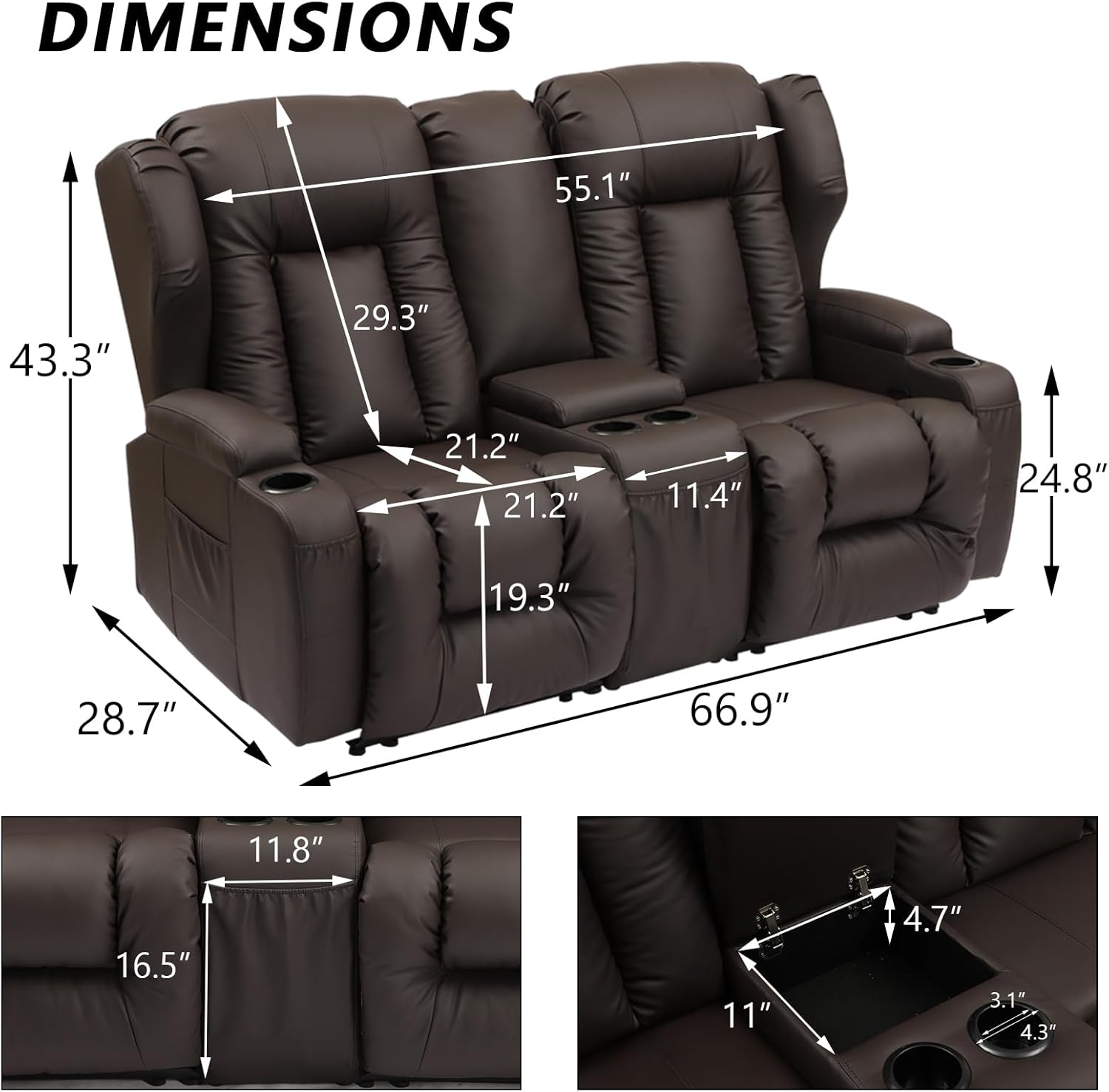 IPKIG Manual Loveseat Recliner - Wingback Design Reclining Loveseat with Console, Storage Space, 4 Cup Holders and 5 Pockets, Theater Seating for Home Living Room (Brown Loveseat)