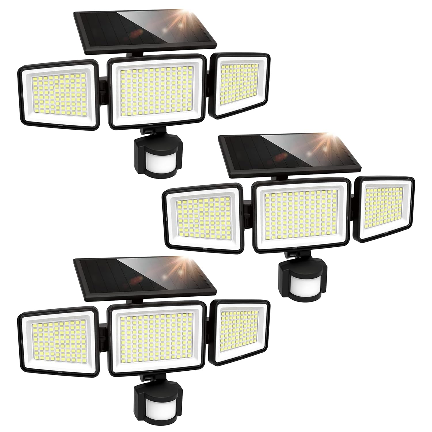 UME 3 Packs Solar-Außenleuchten, 302 LEDs, 1500 lm, IP65 wasserdicht, Bewegungsmelder, Außenleuchten, 3 Köpfe, 270 Grad breiter Beleuchtungswinkel mit 3 Modi, für Garten