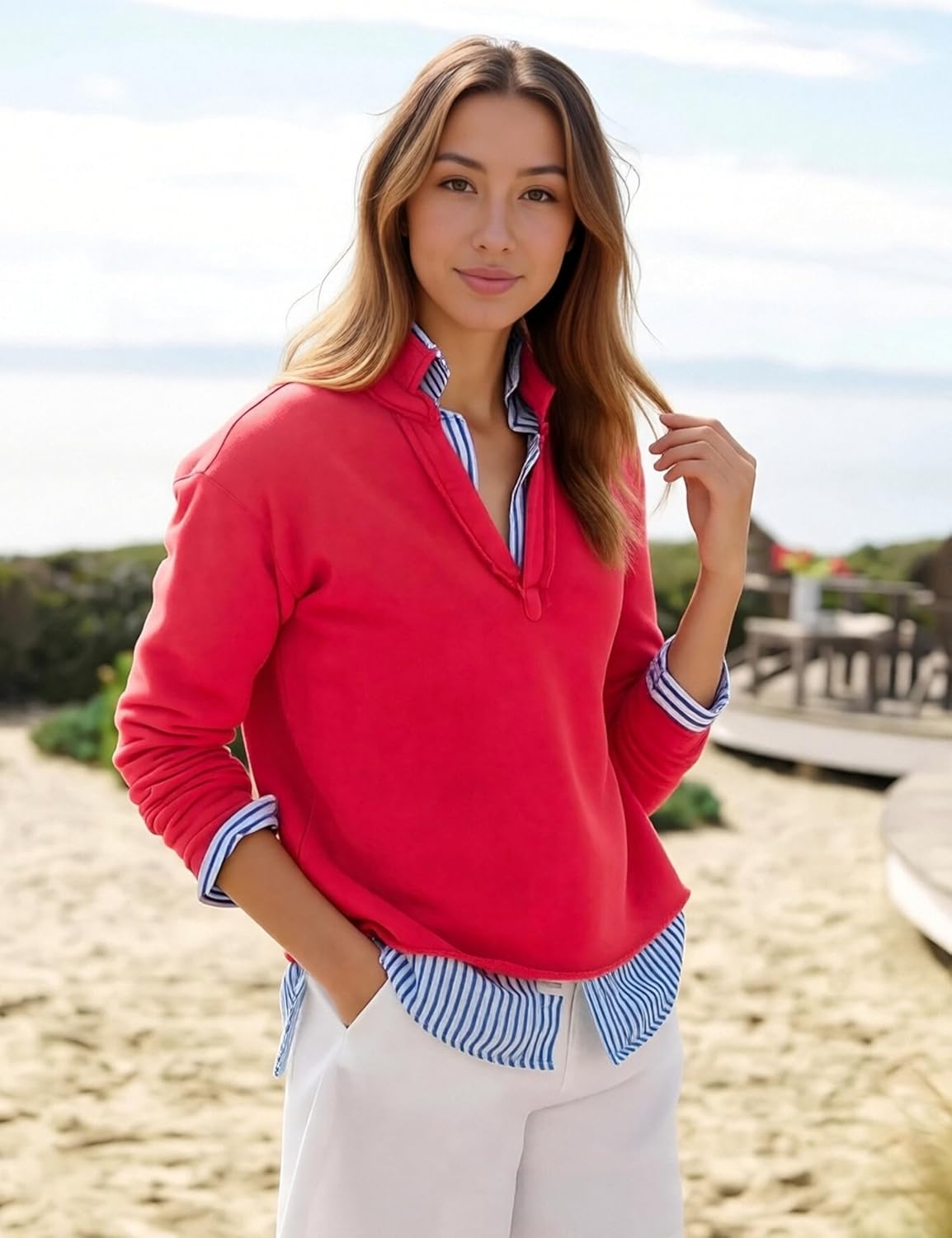 Zontroldy Women's Casual V Neck Pullover Sweatshirt Long Sleeve Solid Color/Stripe Polo Collared Shirts Tops - Image 4