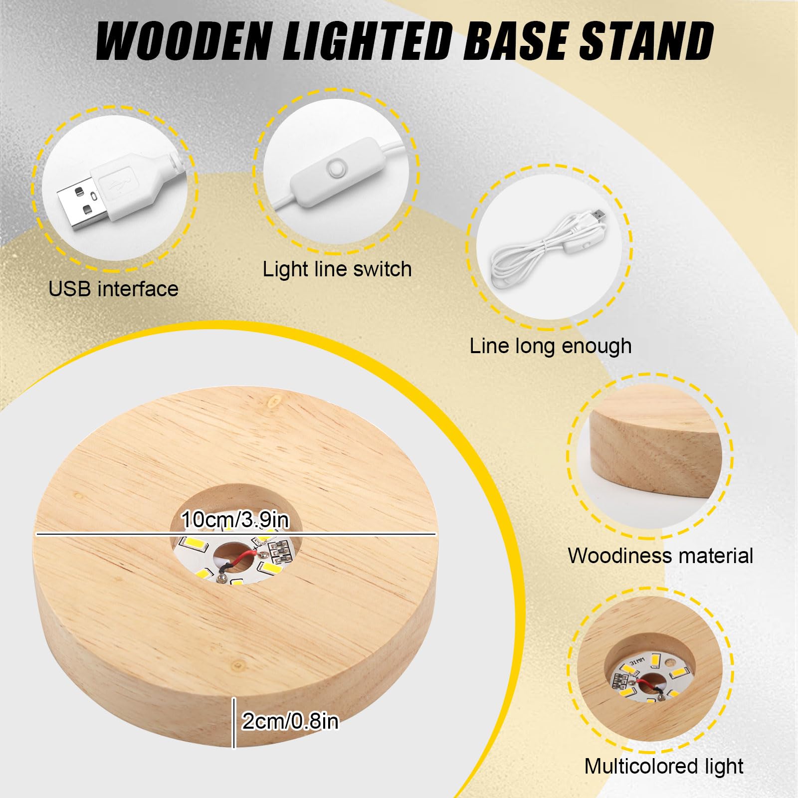 SWTHM Lot de 4 bases lumineuses rondes pour cristal, base en bois LED noire de 10 cm pour affichage avec télécommande, 16 couleurs, socle rond d'affichage pour verre transparent, résine, cristal