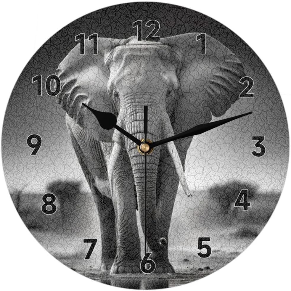 Wall Clock Silent African Elephant Non Ticking Battery Operated Decorative Clock for Living Room, Bedroom,Kitchen,Farmhouse,Office,Home Decor-12 Inch