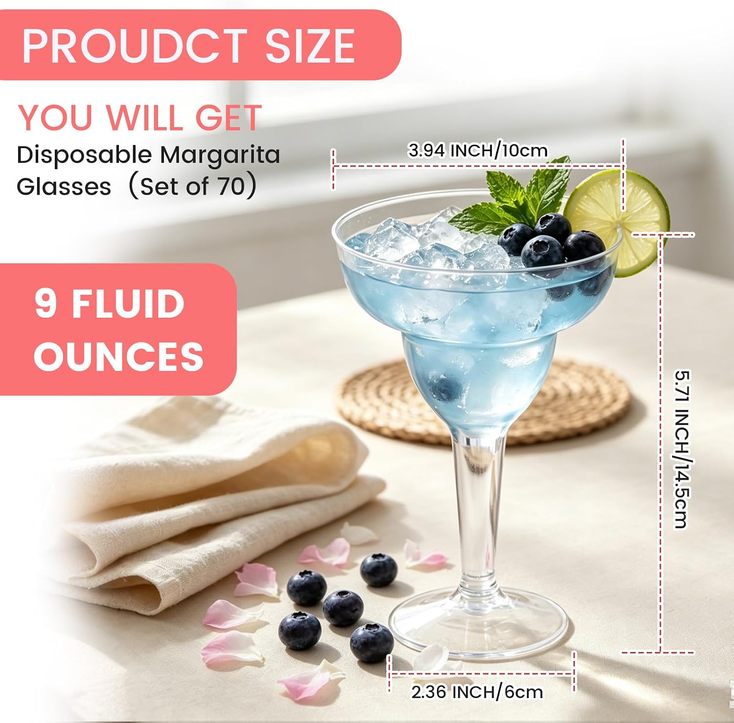 70 Pack Plastic Margarita Glasses, 9 oz Clear Neon Cocktail Cups | Disposable Decorations for Cinco De Mayo Party, Mexican Party Decorations, Fun Taco Tuesday Margarita Supplies