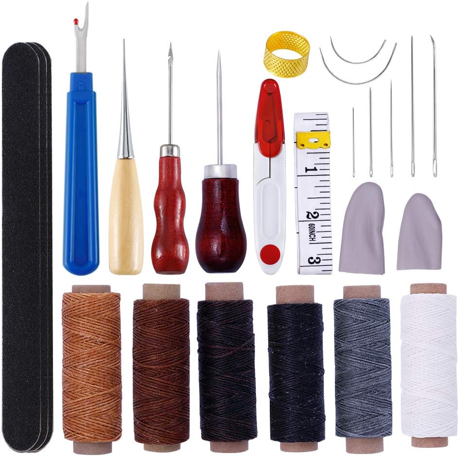 Jupean Leather Hand Sewing Tools, Leather Tools Craft Kit with Hand Upholstery Needles Leather Sewing Waxed Thread Drilling Awl and Seam Rippers DIY Hand Stitching Tool Set for Beginner