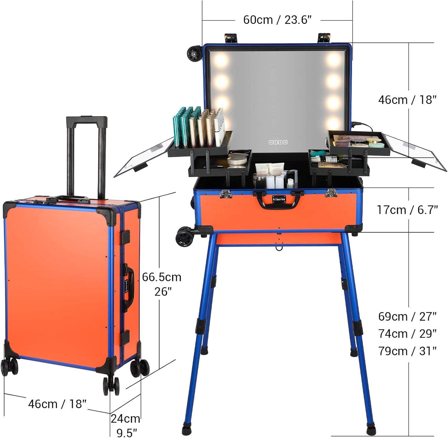 Rolling Makeup Train Case with Lighted Mirror and Bluetooth Speaker Professional Cosmetic Organizer Case with Wheels, Stands Portable Makup Station Vanity for Travel (Orange, Large)