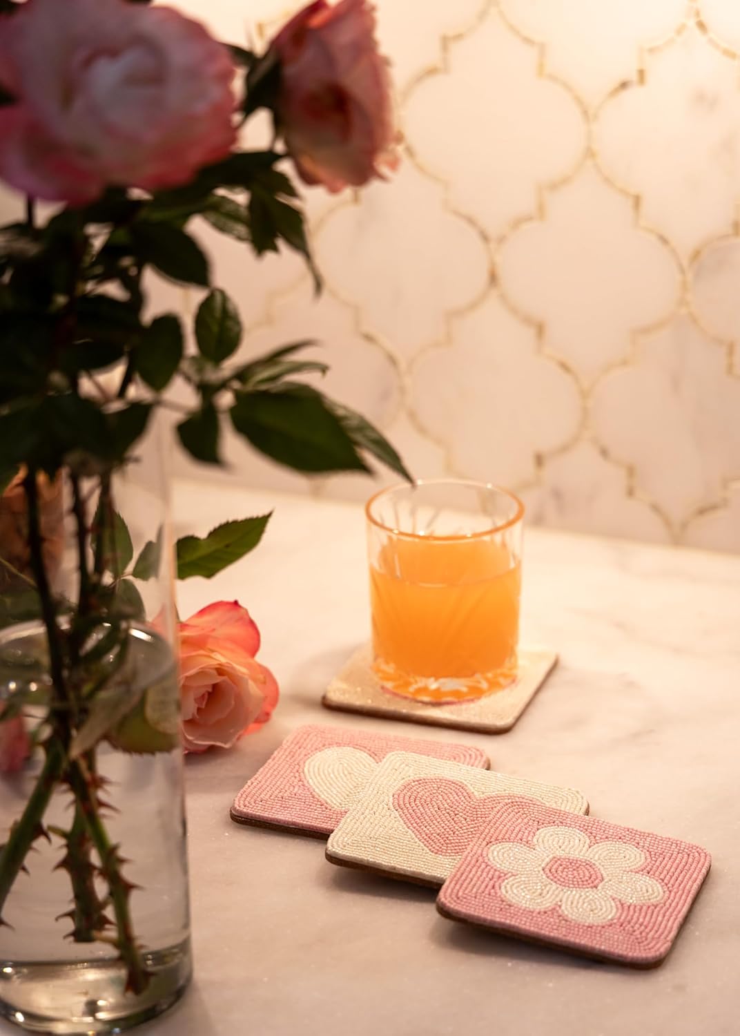 Handmade Beaded Coaster Set of 4 – Non-Slip Boho Drink Coasters, Handcrafted Decorative Table Coasters, Beaded Cup Coasters for Coffee, Tea, Dining Table Protection & Home Decor (Pink)