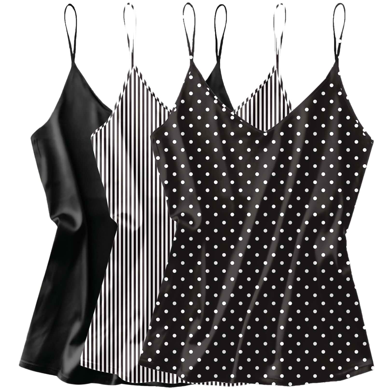 Ekouaer 3 Pack: Womens Silk Satin Tank Top V Neck Camisole Cami Spaghetti Strap Top Loose Sleeveless Blouses Tank Shirt Sleeveless