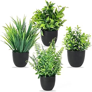 4 Stück Kunstpflanze mit Topf, Künstliche Plastik Pflanze Deko, Klein Fake Plant Topfpflanze Emulation Pflanze Künstlich für Schreibtisch, Haus, Balkon und Bad Dekoration