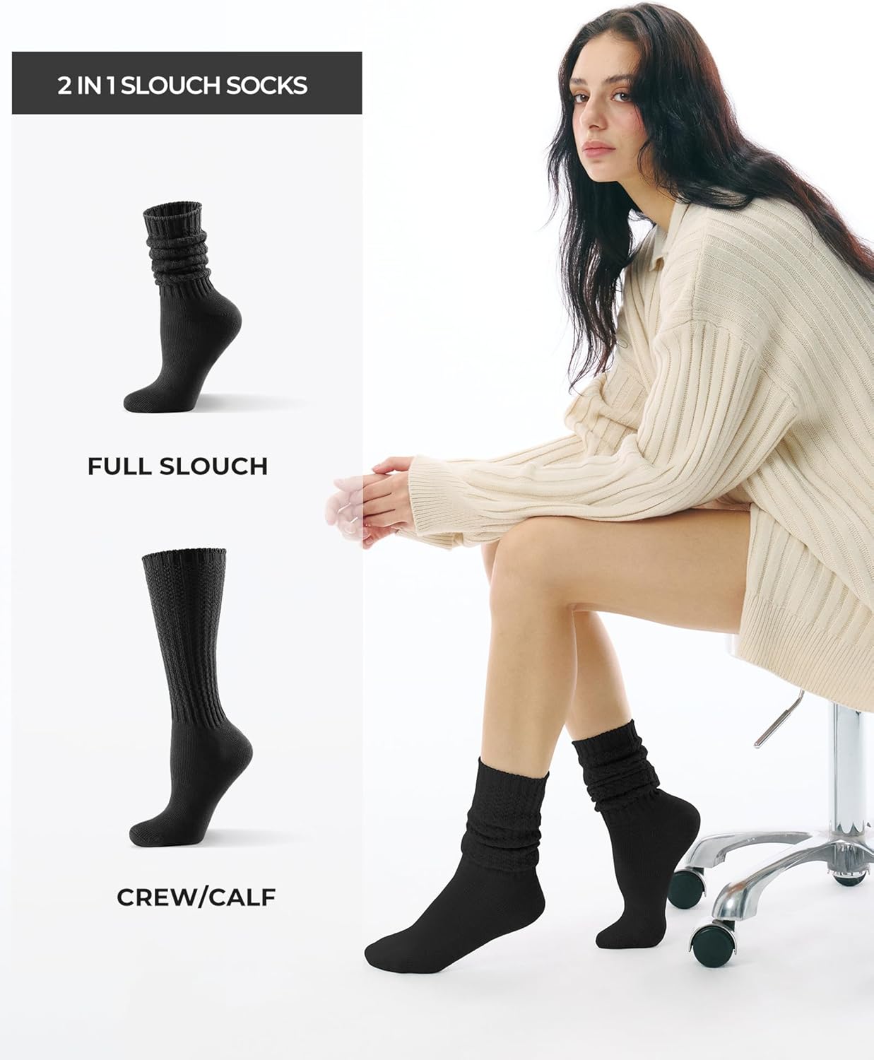 CS CELERSPORT Women's Slouch Crew Socks Scrunch Knit Cotton Calf Tube Socks 3 Pairs - Image 3