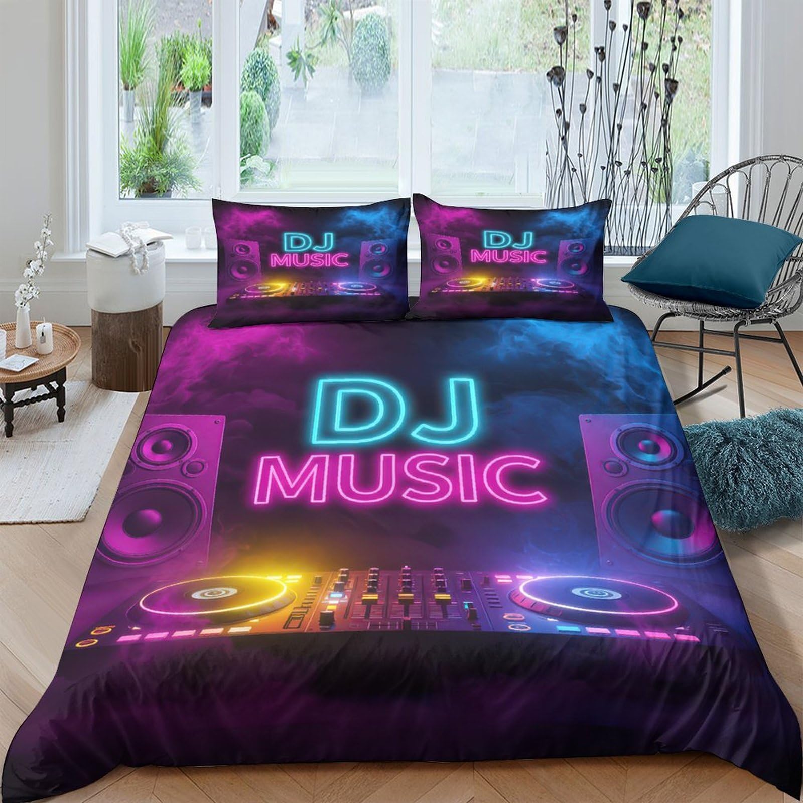 Ctjqhvkz Style-1 3D Printed Dj Neon Light Fitted Sheet Microfiber Soft Purple Blue Music Bed Sheet For Bedroom Dorm Mattress Decor Single（135X200cm）