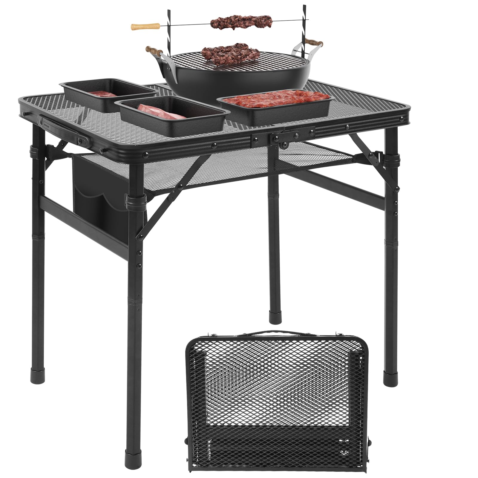 Camping Portable Folding Grill 2x1.3 FT Table, Lightweight Height Adjustable Metal Picnic Outdoor Table with Mesh Desktop and Mesh Bag, Picnic, Beach and BBQ, Party